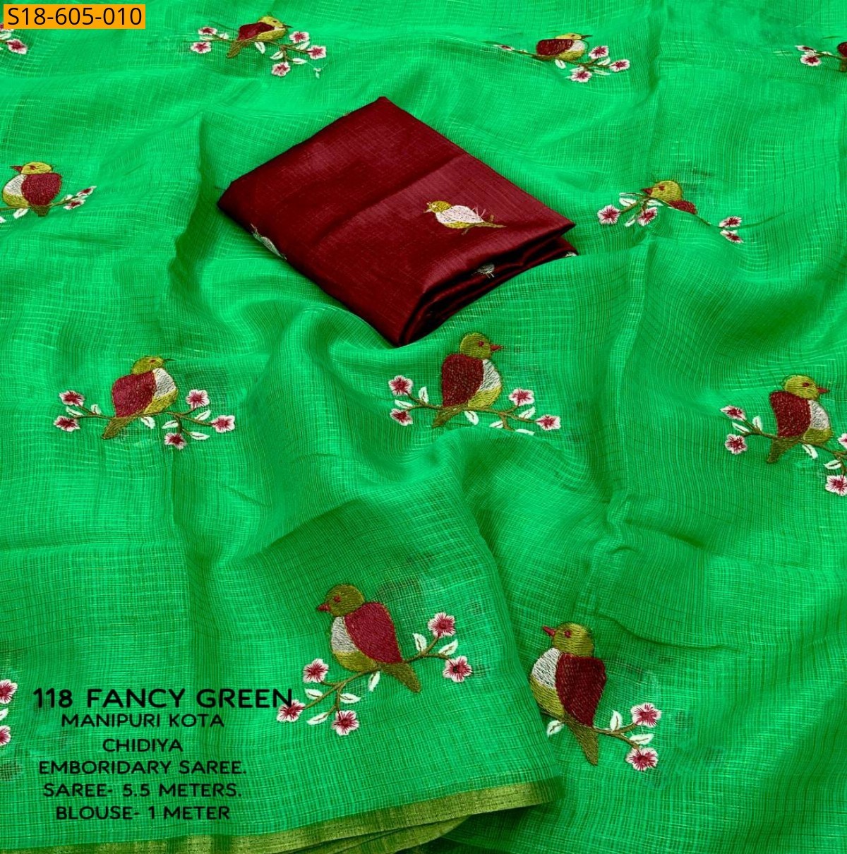 Green Manipuri kota checks embroidery Sarees