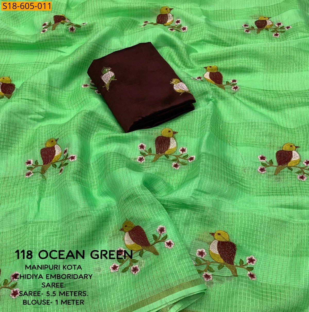 Ocean Green Manipuri kota checks embroidery Sarees
