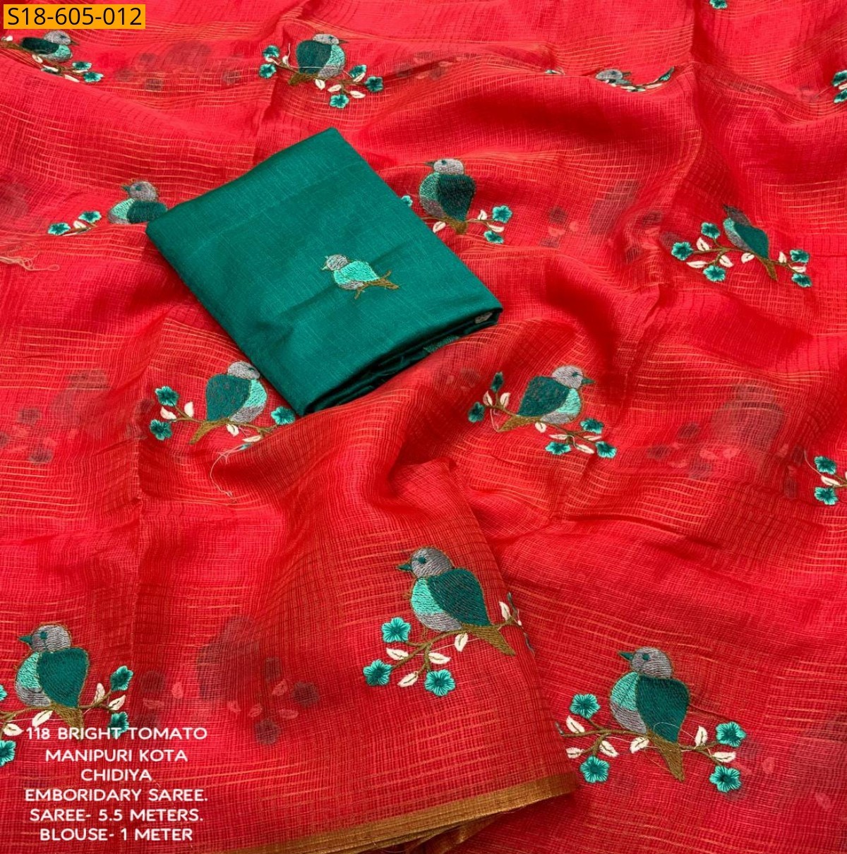Red Manipuri kota checks embroidery Sarees