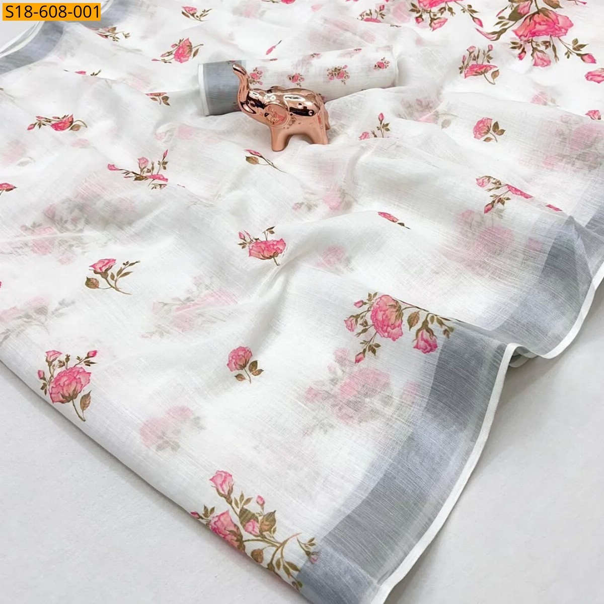 Half White Linen cotton printed saree 