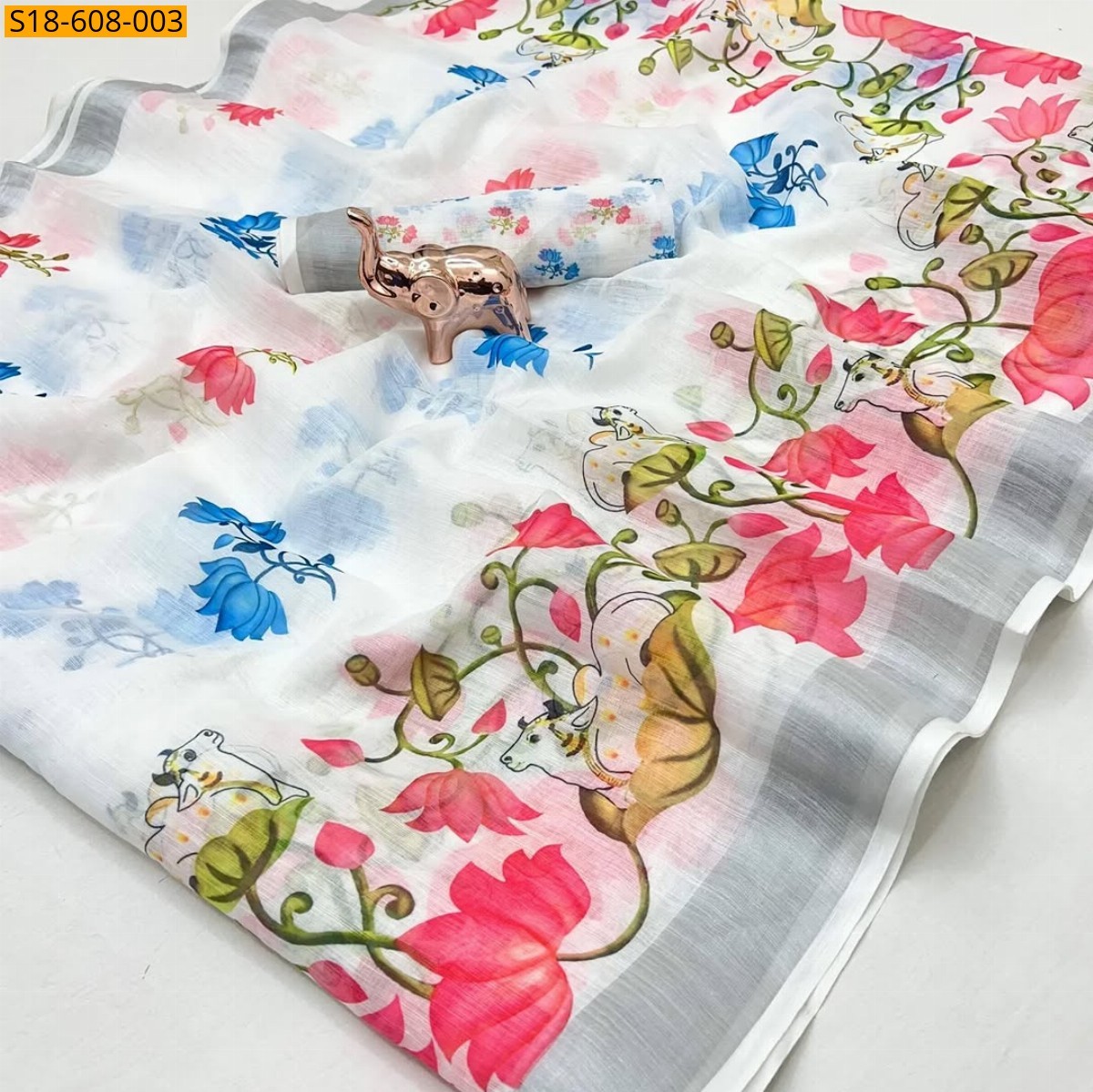 Half White Linen cotton printed saree 