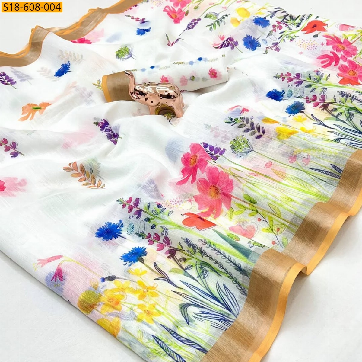 Half White Linen cotton printed saree 