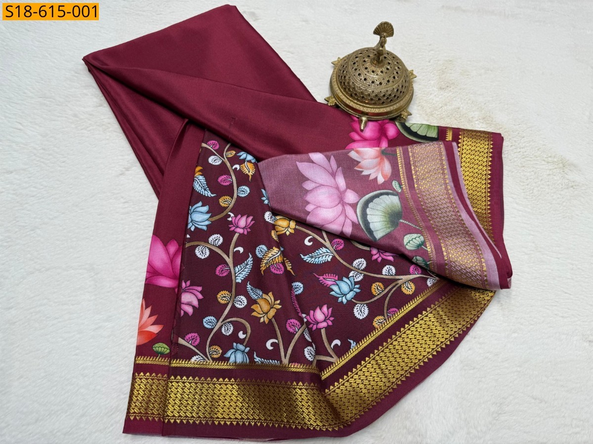 Maroon Semi crepe printed mysore silk Saree