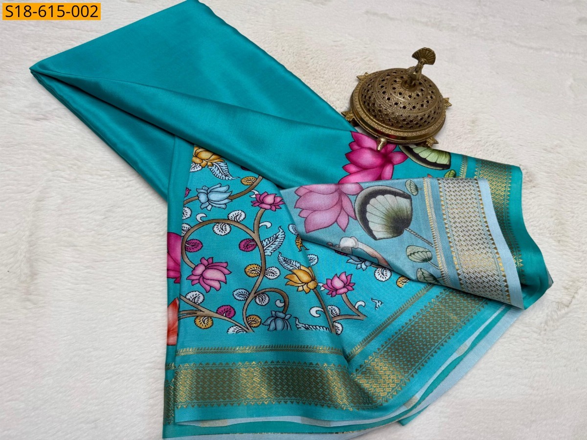 Sky Blue Semi crepe printed mysore silk Saree