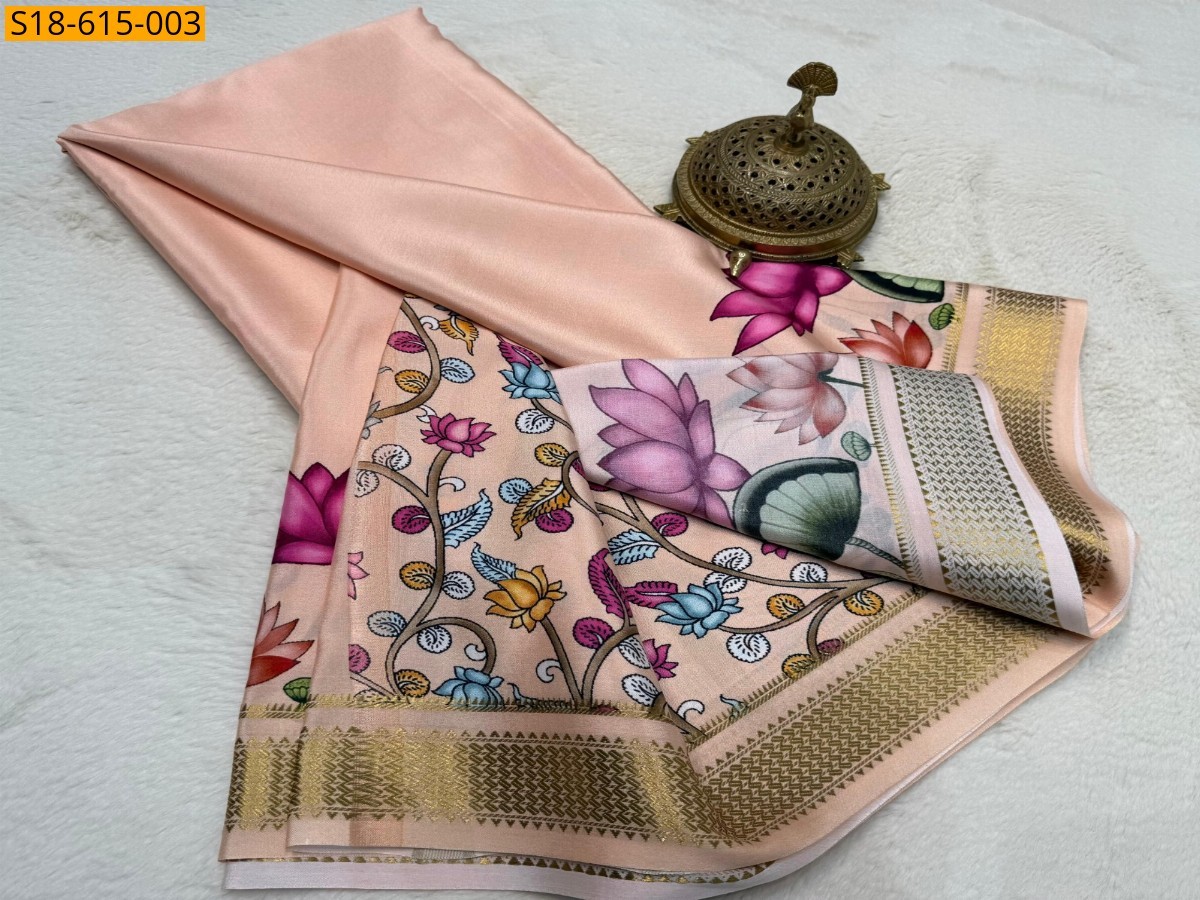 Peach Semi crepe printed mysore silk Saree