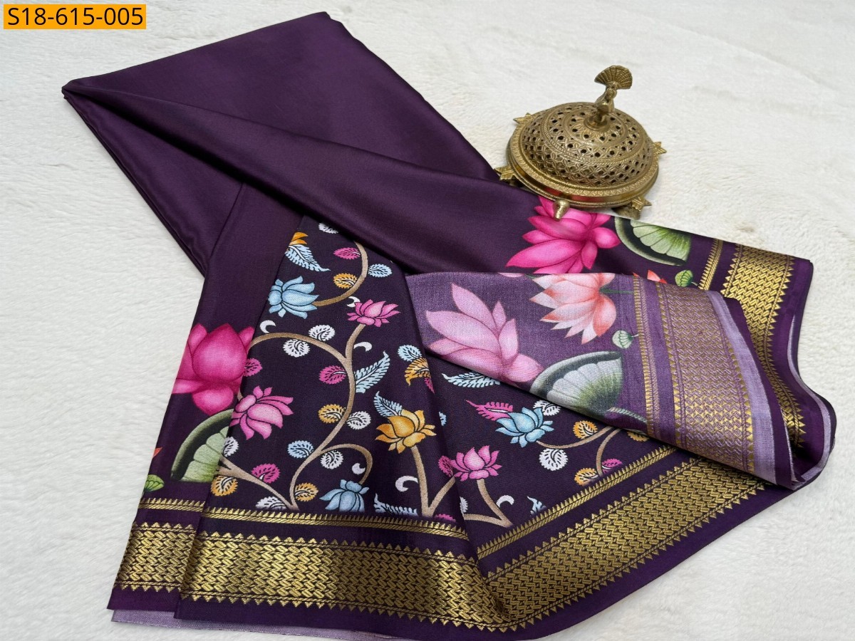 Wine Semi crepe printed mysore silk Saree