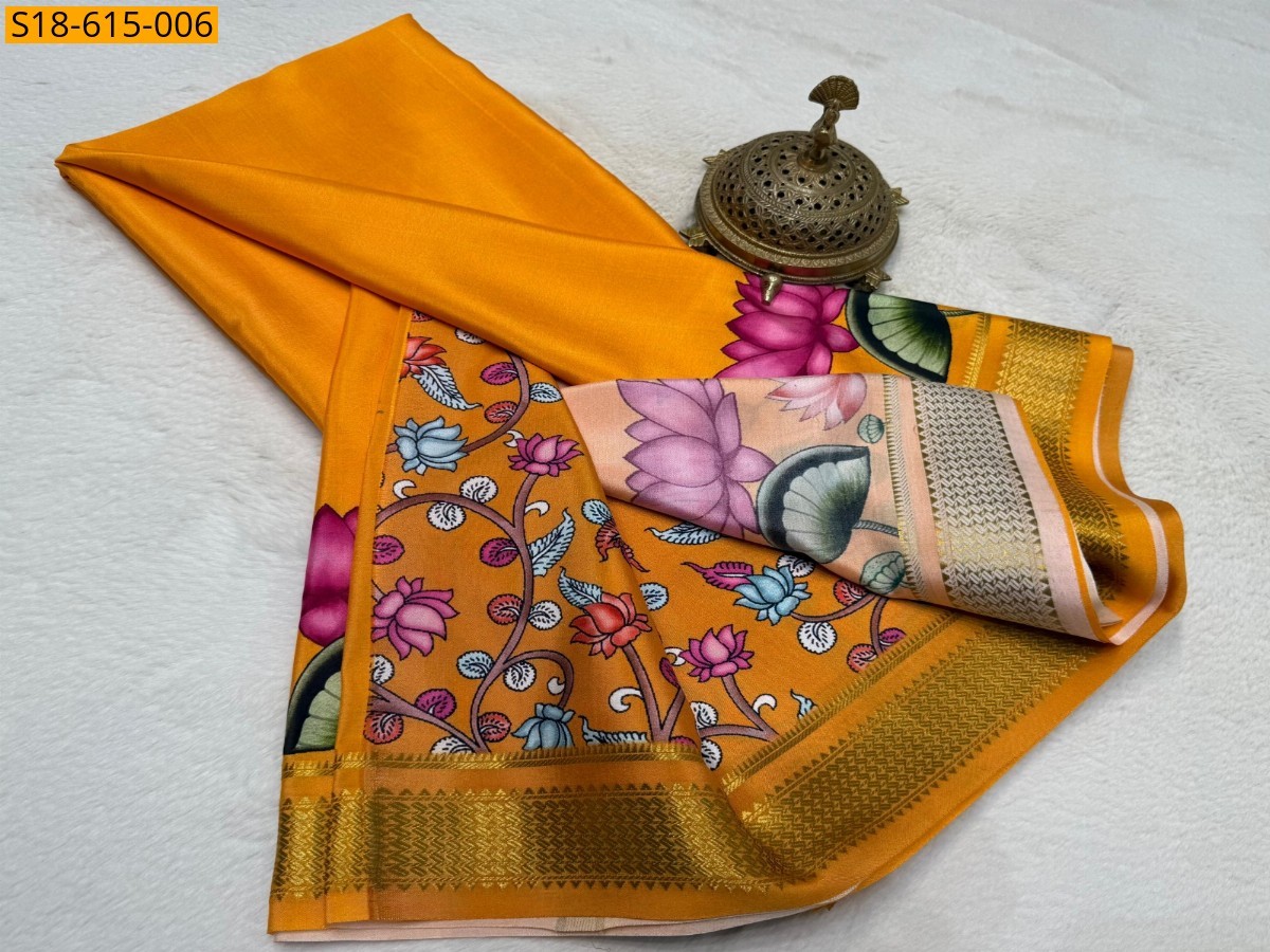 Orange Semi crepe printed mysore silk Saree