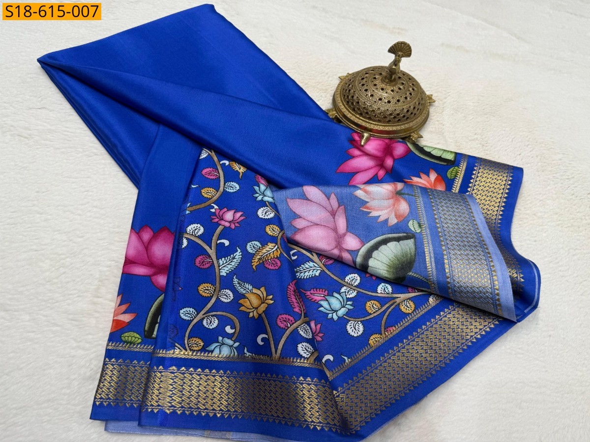 Blue Semi crepe printed mysore silk Saree