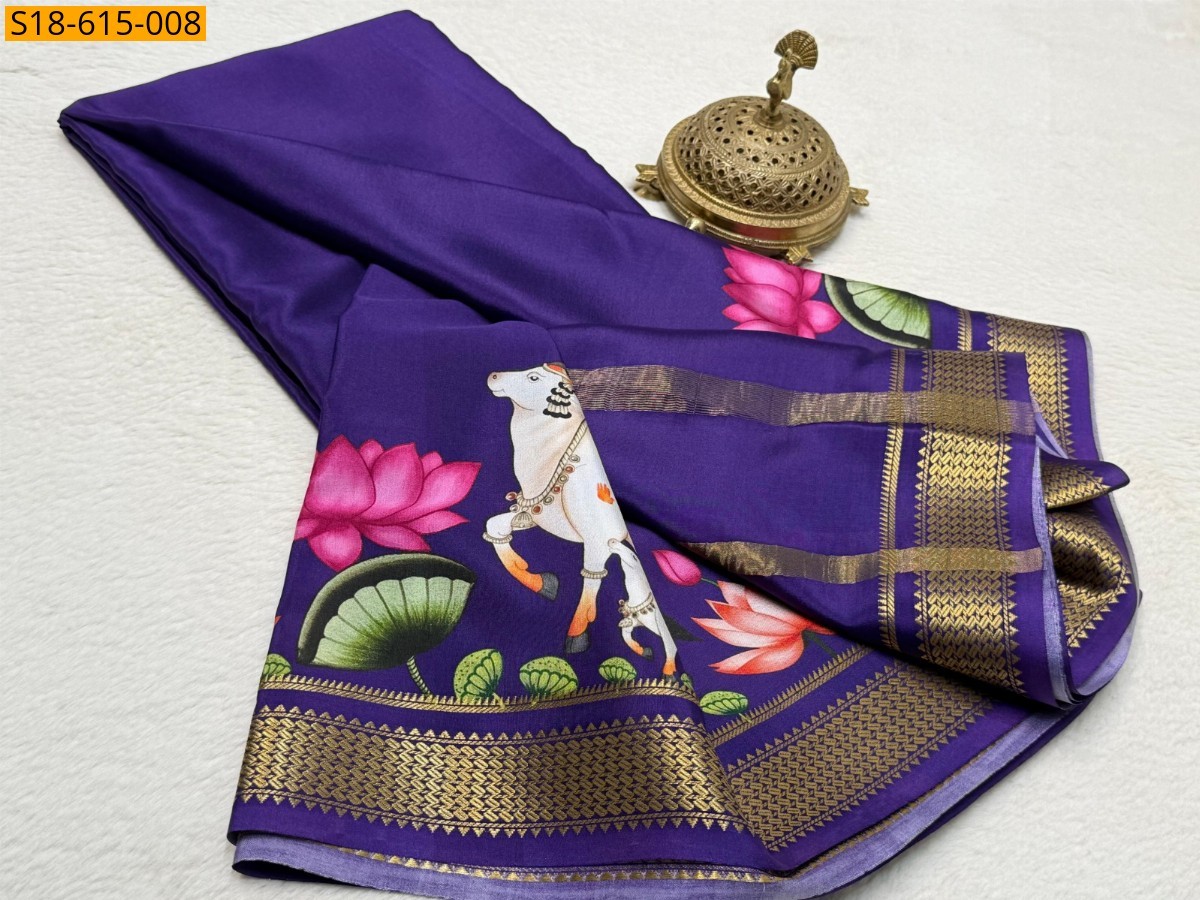 Violet Semi crepe printed mysore silk Saree