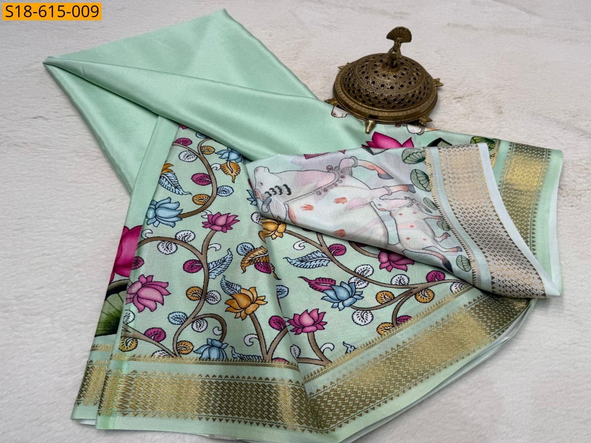 Light Green Semi crepe printed mysore silk Saree