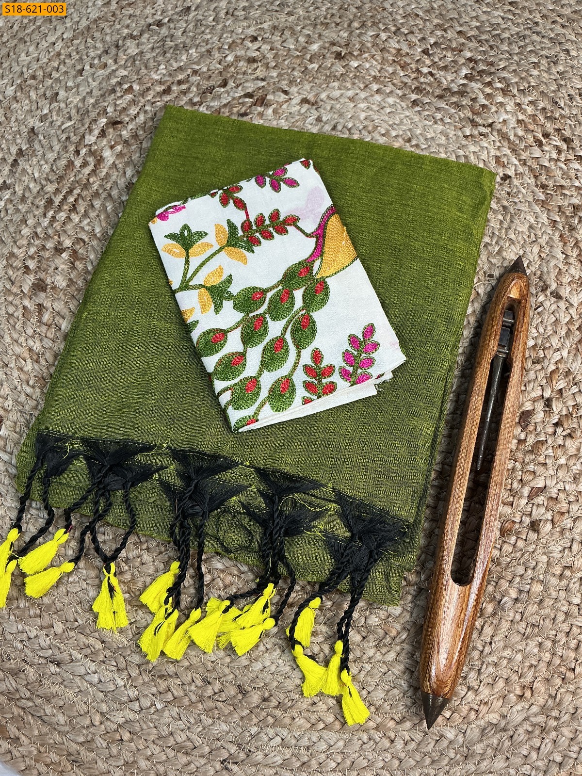 Green Fancy Khadi cotton Saree