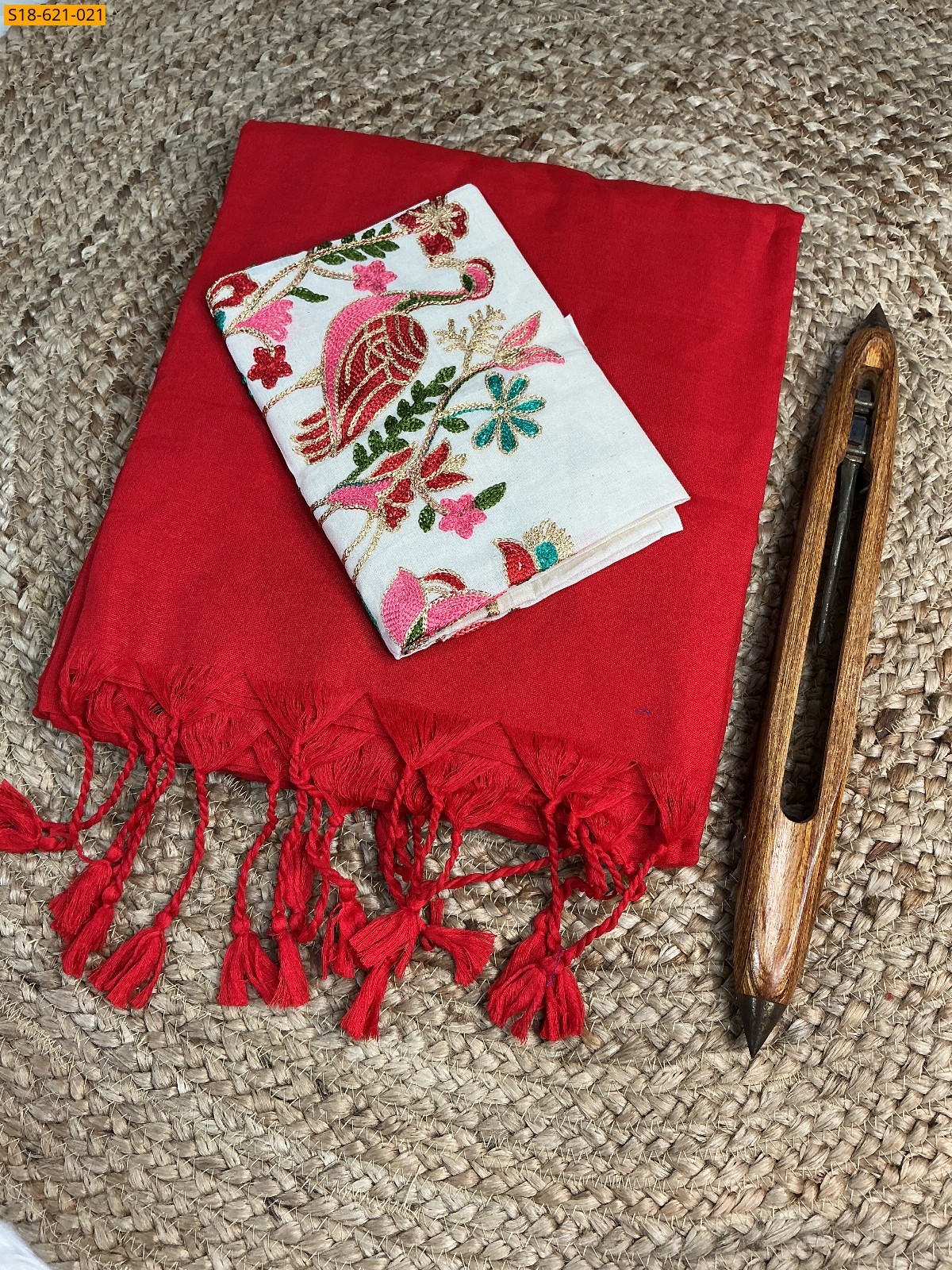 Red Fancy Khadi cotton Saree