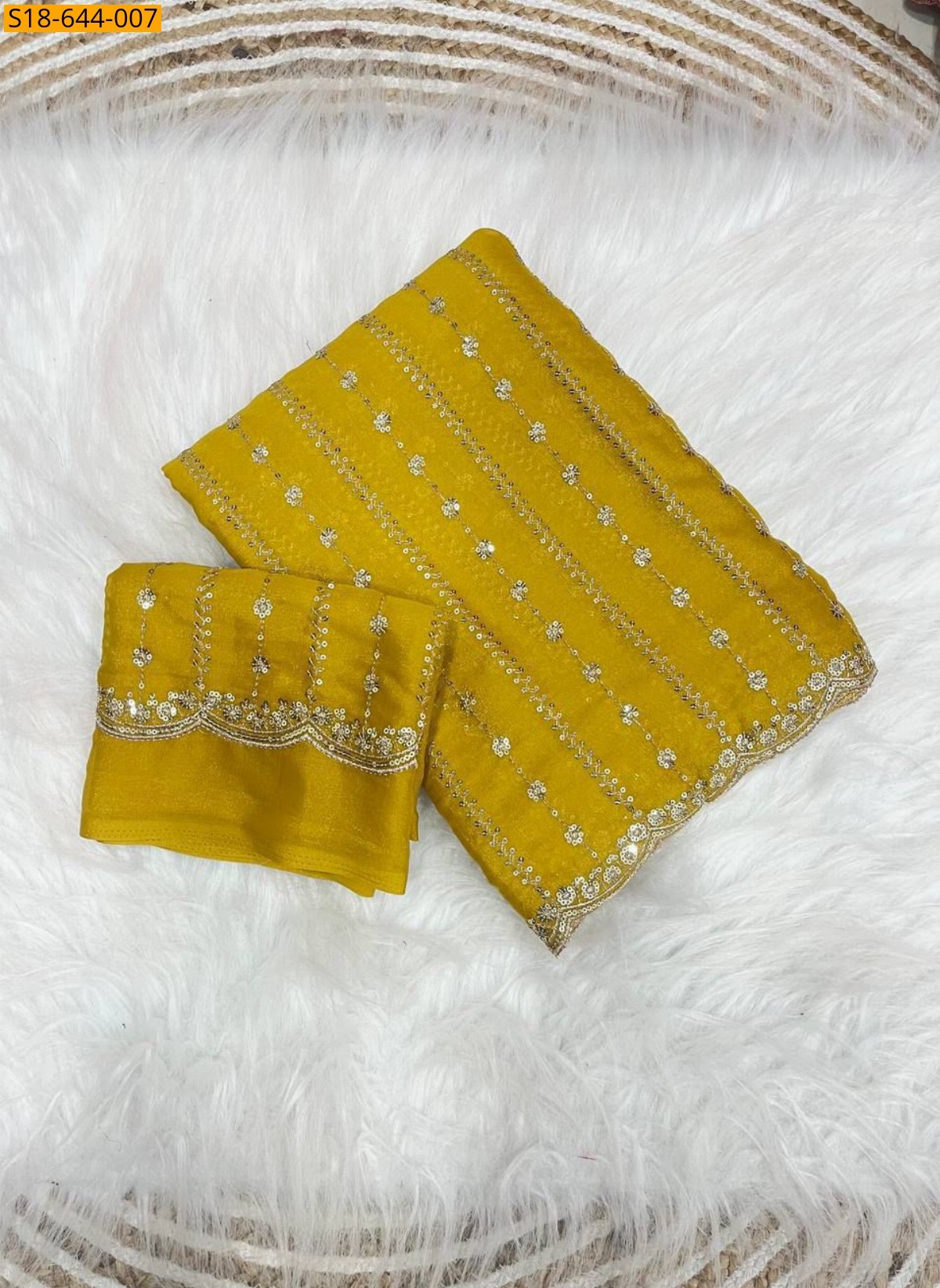 Mustard yellow Star Georgette Embroidery Saree