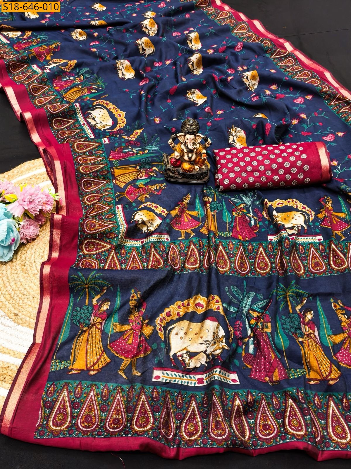 Navy Blue Mul Cotton Saree