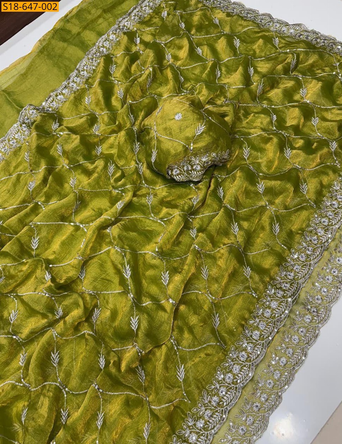 Olive Green Fendy chiffon sequence Saree