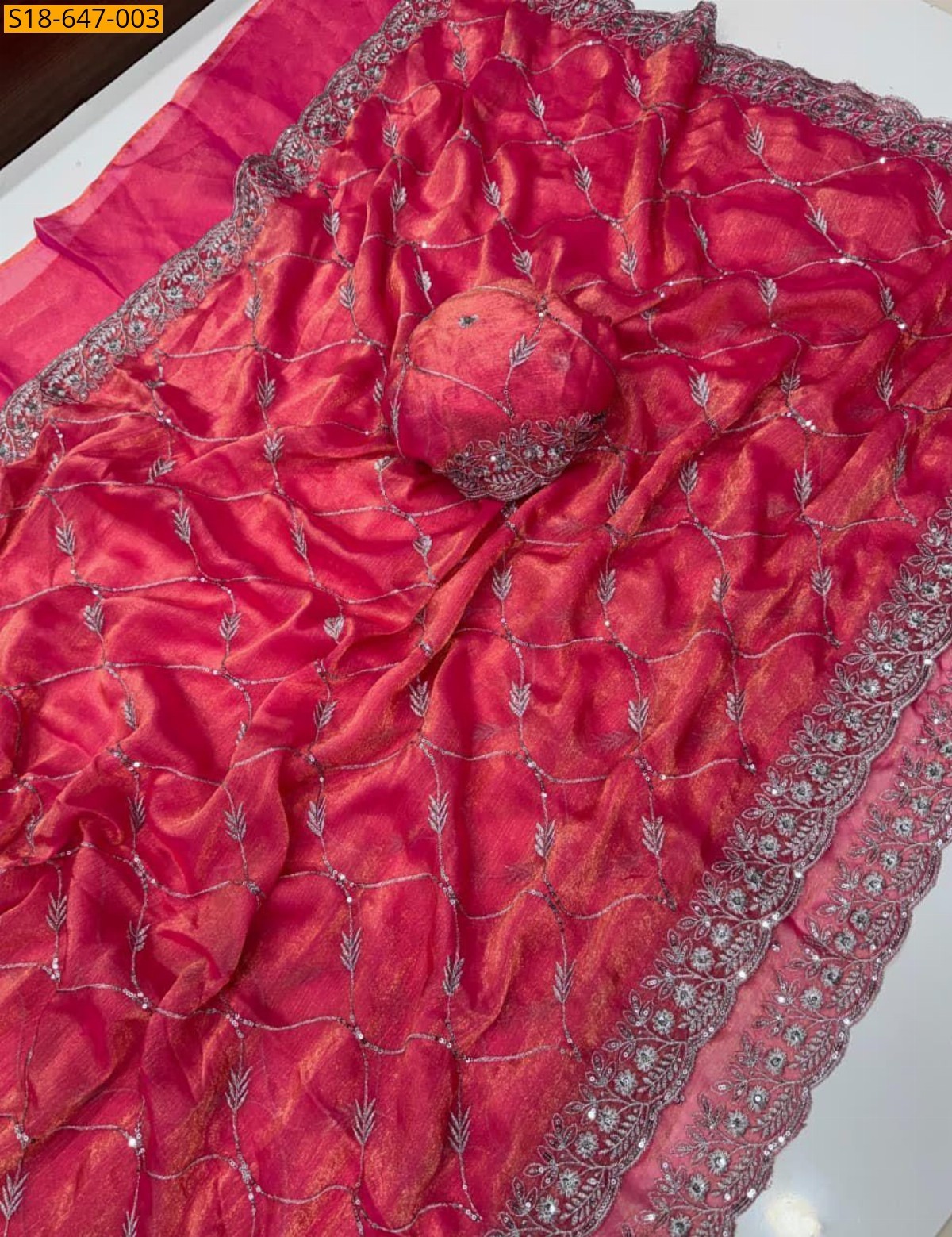 Dark Pink Fendy chiffon sequence Saree