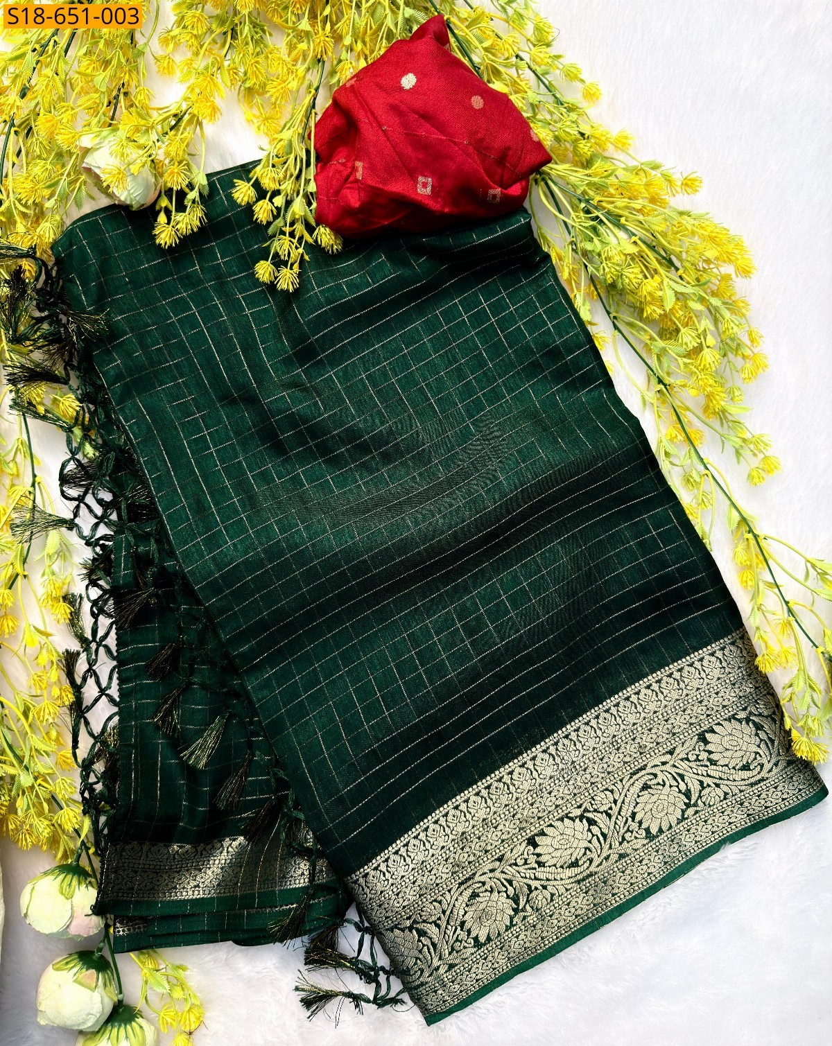 Green Fancy Zari Checks Saree