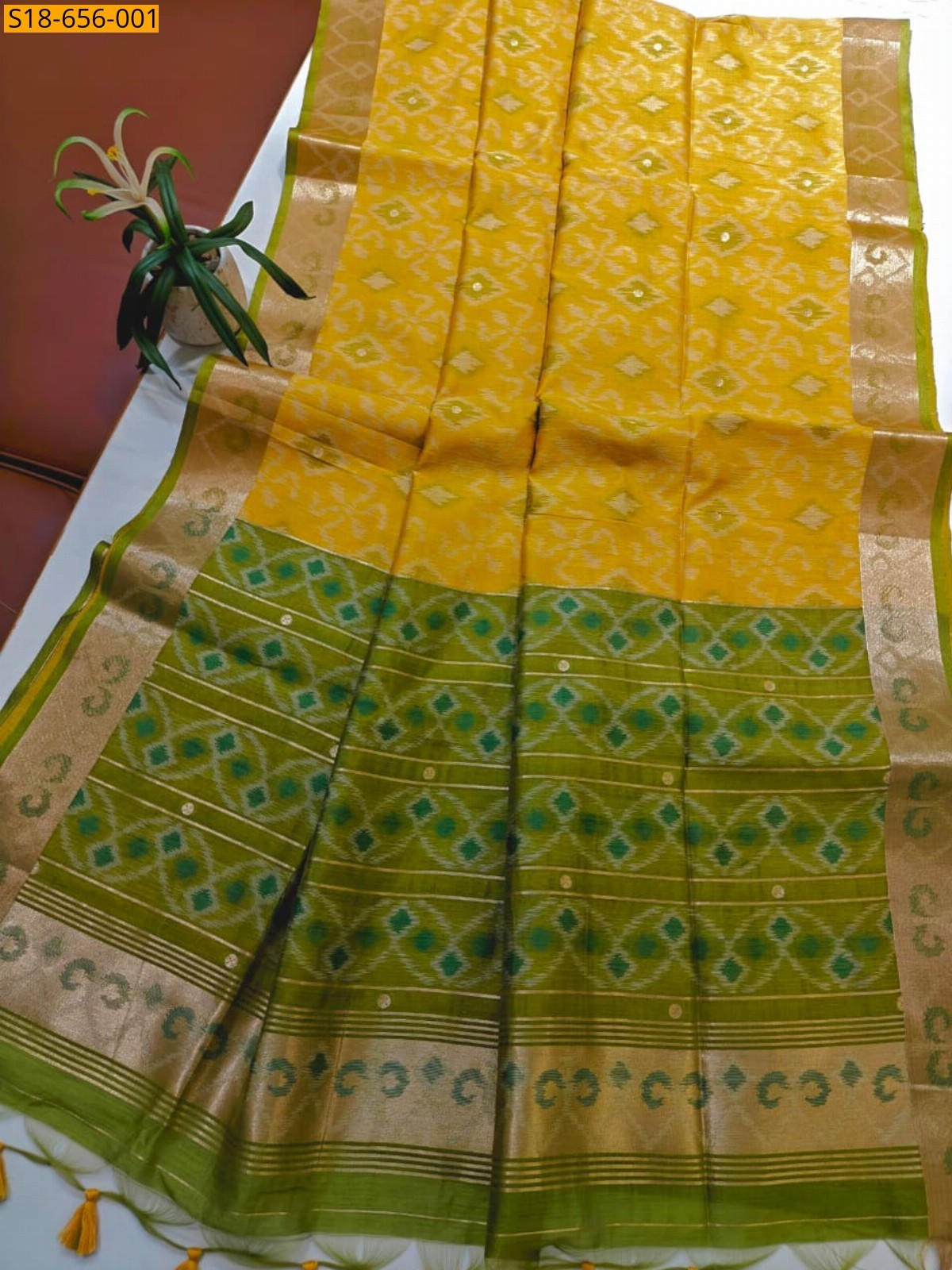 Yellow Soft desi raw silk ikkat saree