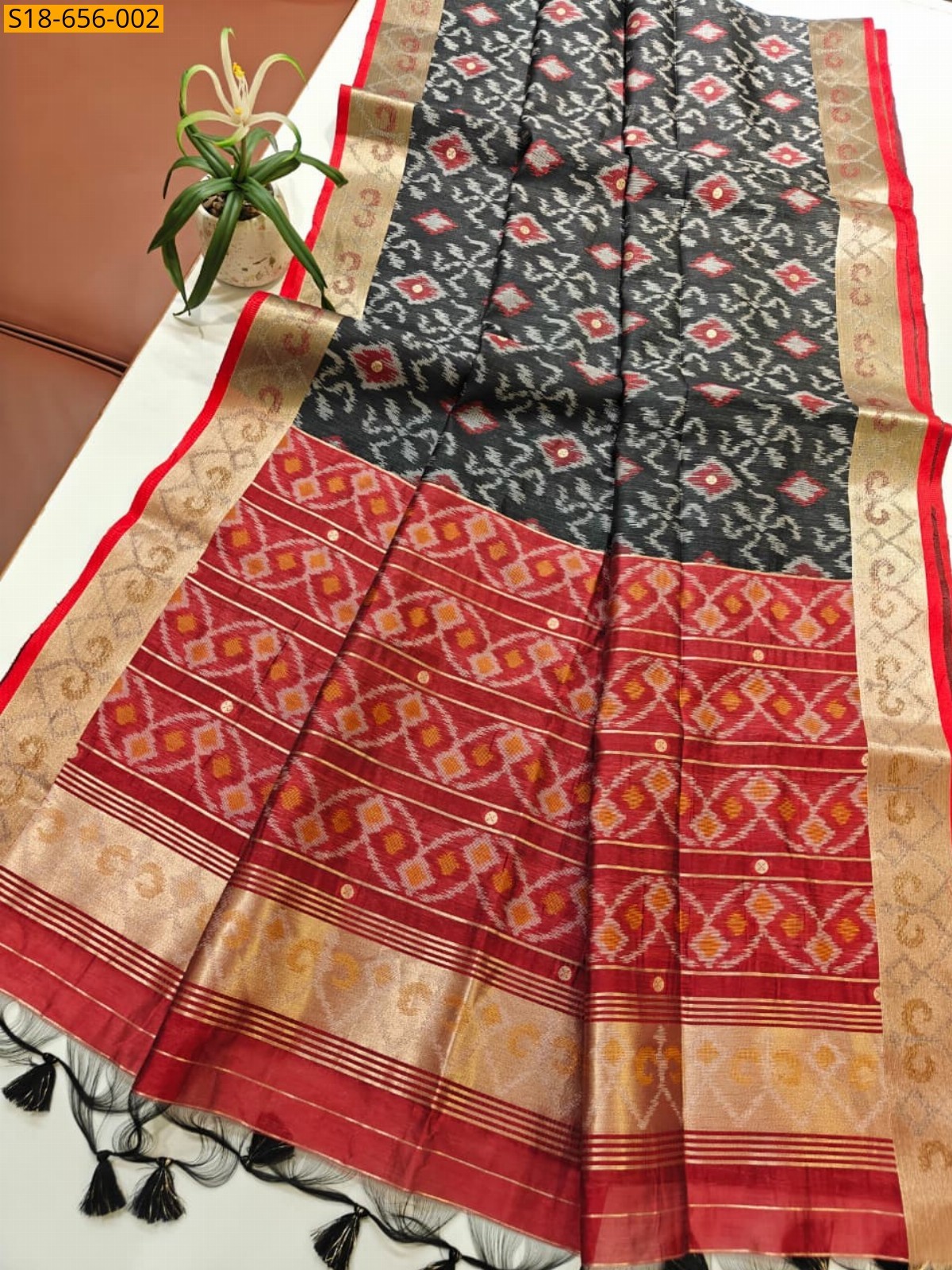 Black Soft desi raw silk ikkat saree