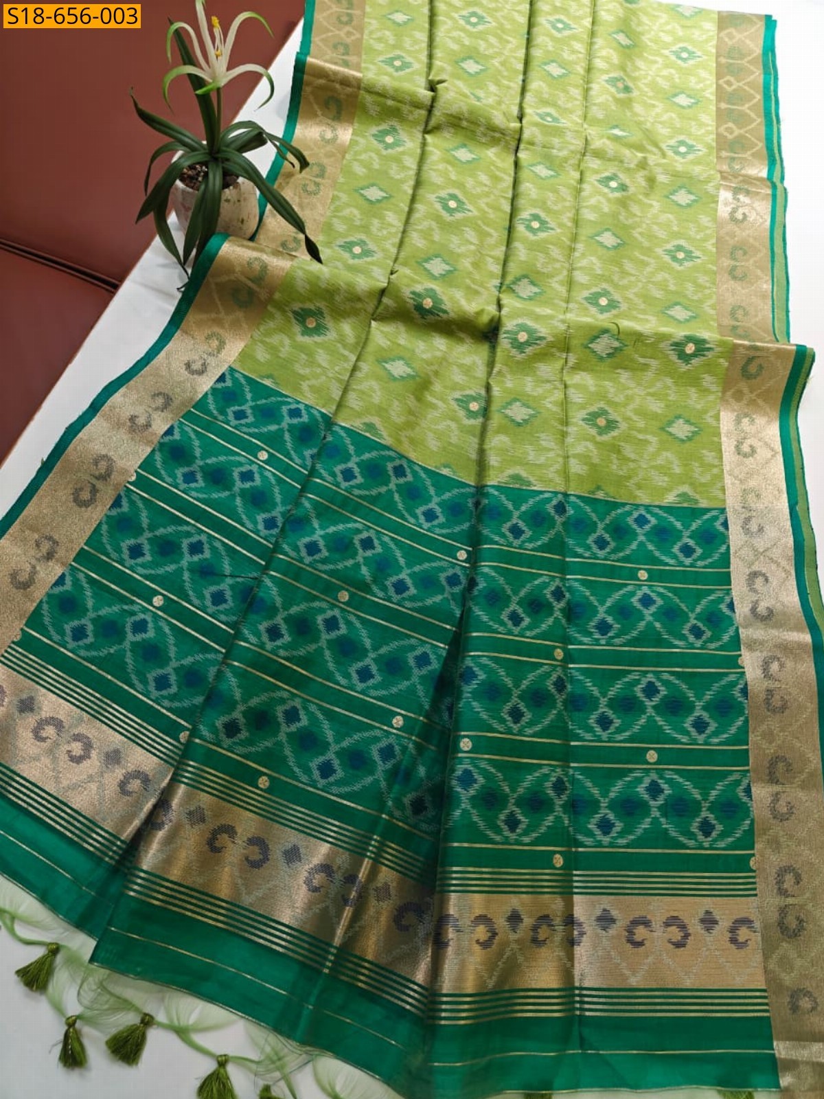 Light green Soft desi raw silk ikkat saree