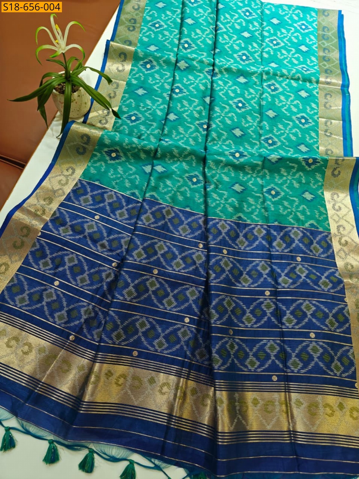 Green Soft desi raw silk ikkat saree