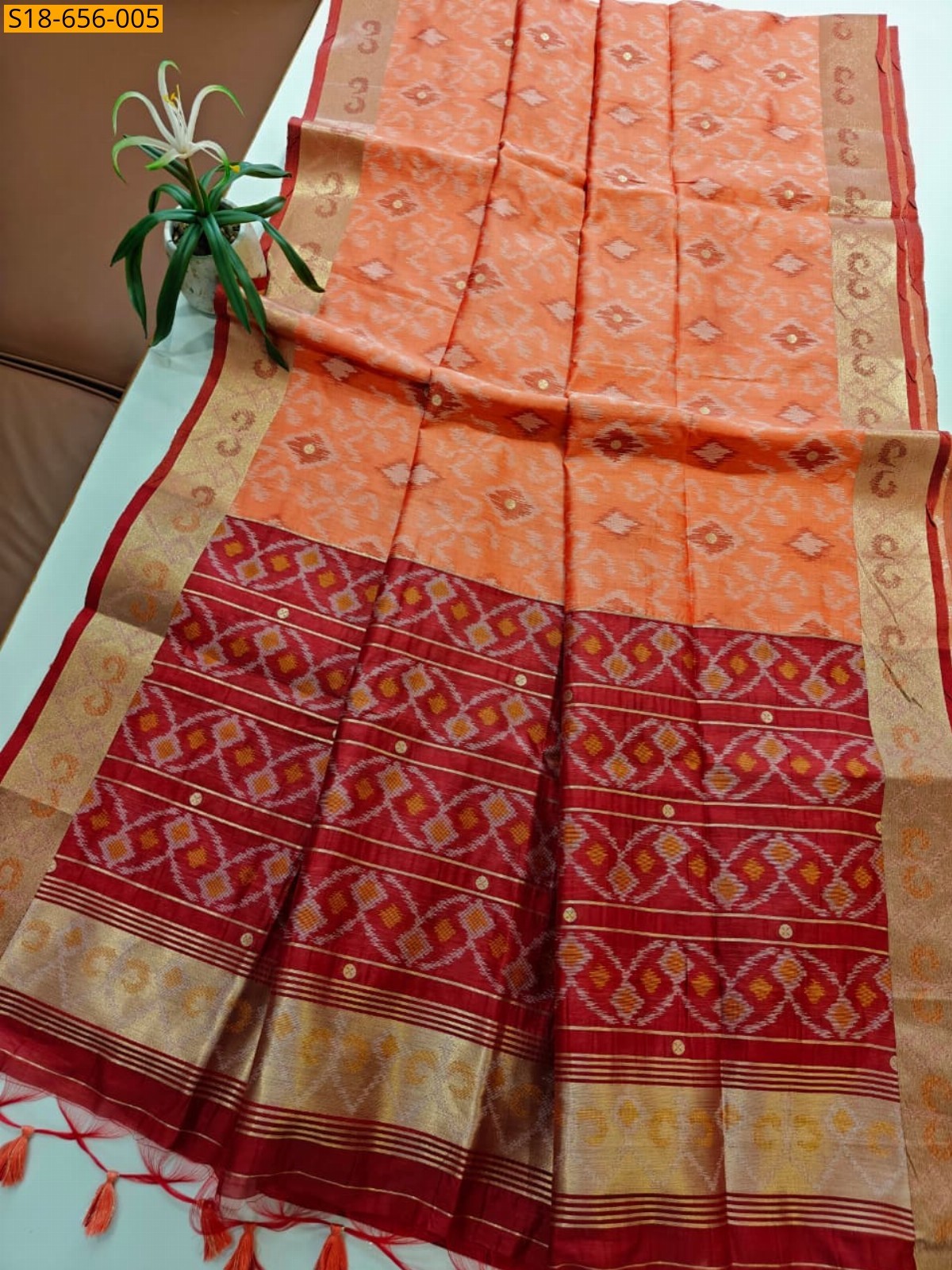 Orange Soft desi raw silk ikkat saree