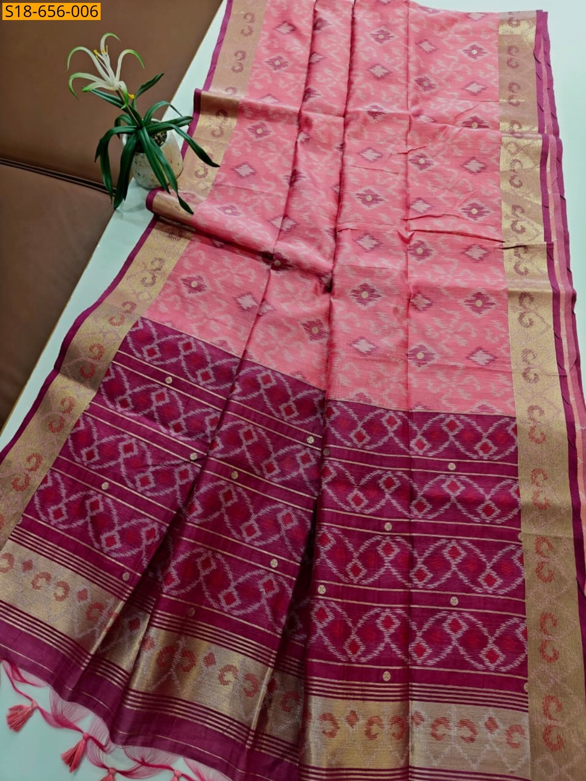 Pink Soft desi raw silk ikkat saree