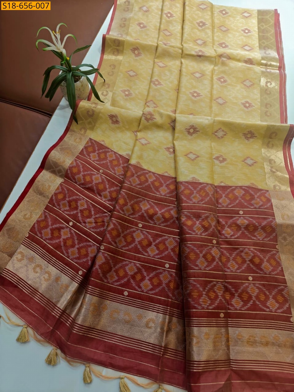 Mustard yellow Soft desi raw silk ikkat saree
