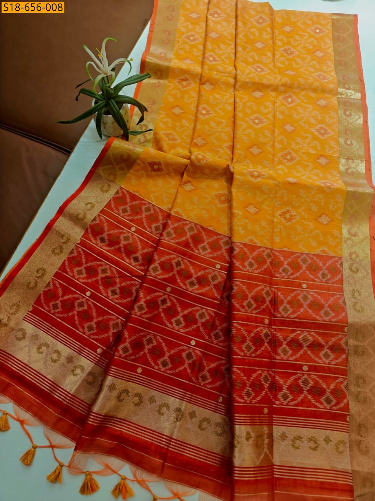 Yellow Soft desi raw silk ikkat saree