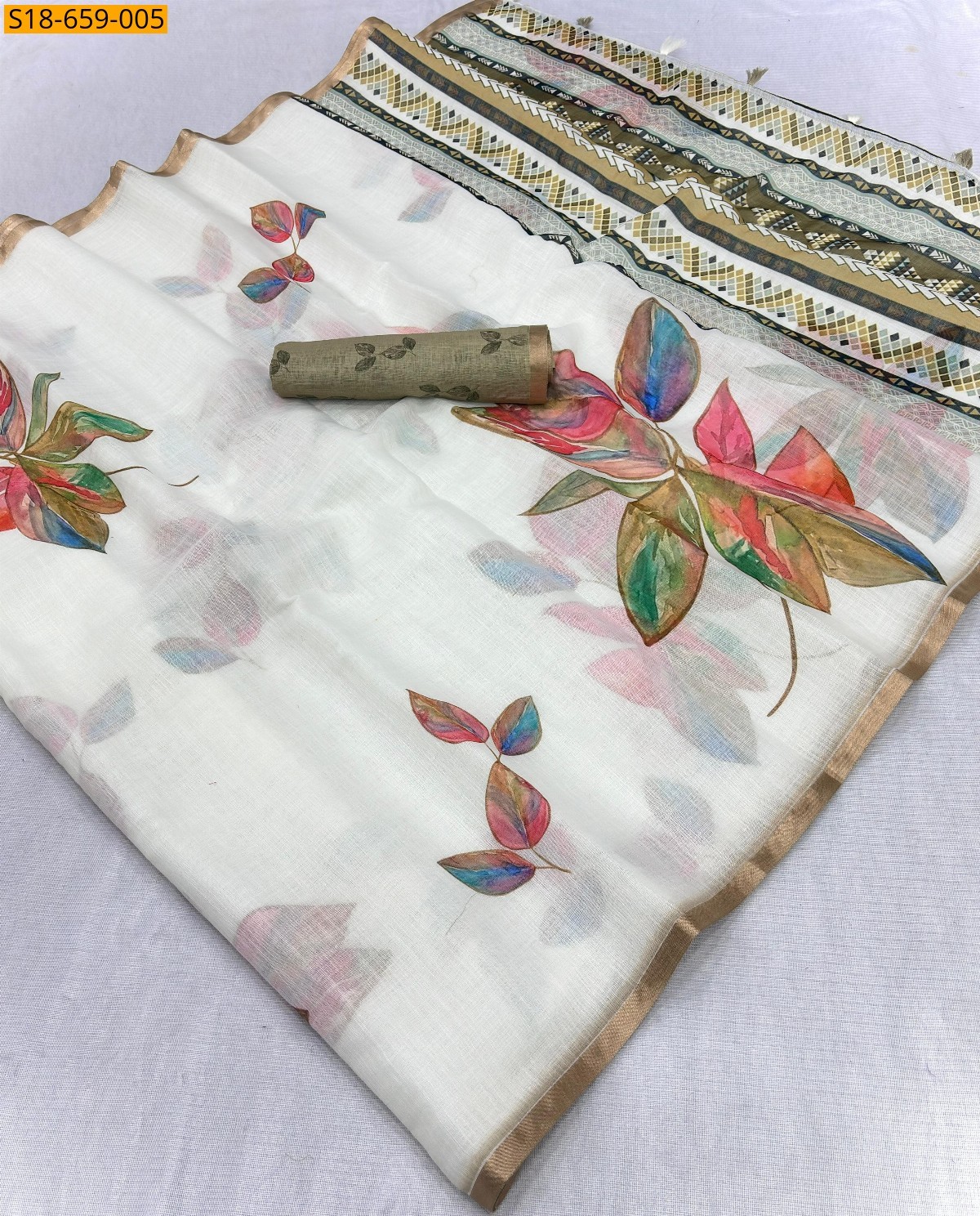 White Fancy Linen Digtal  printed saree