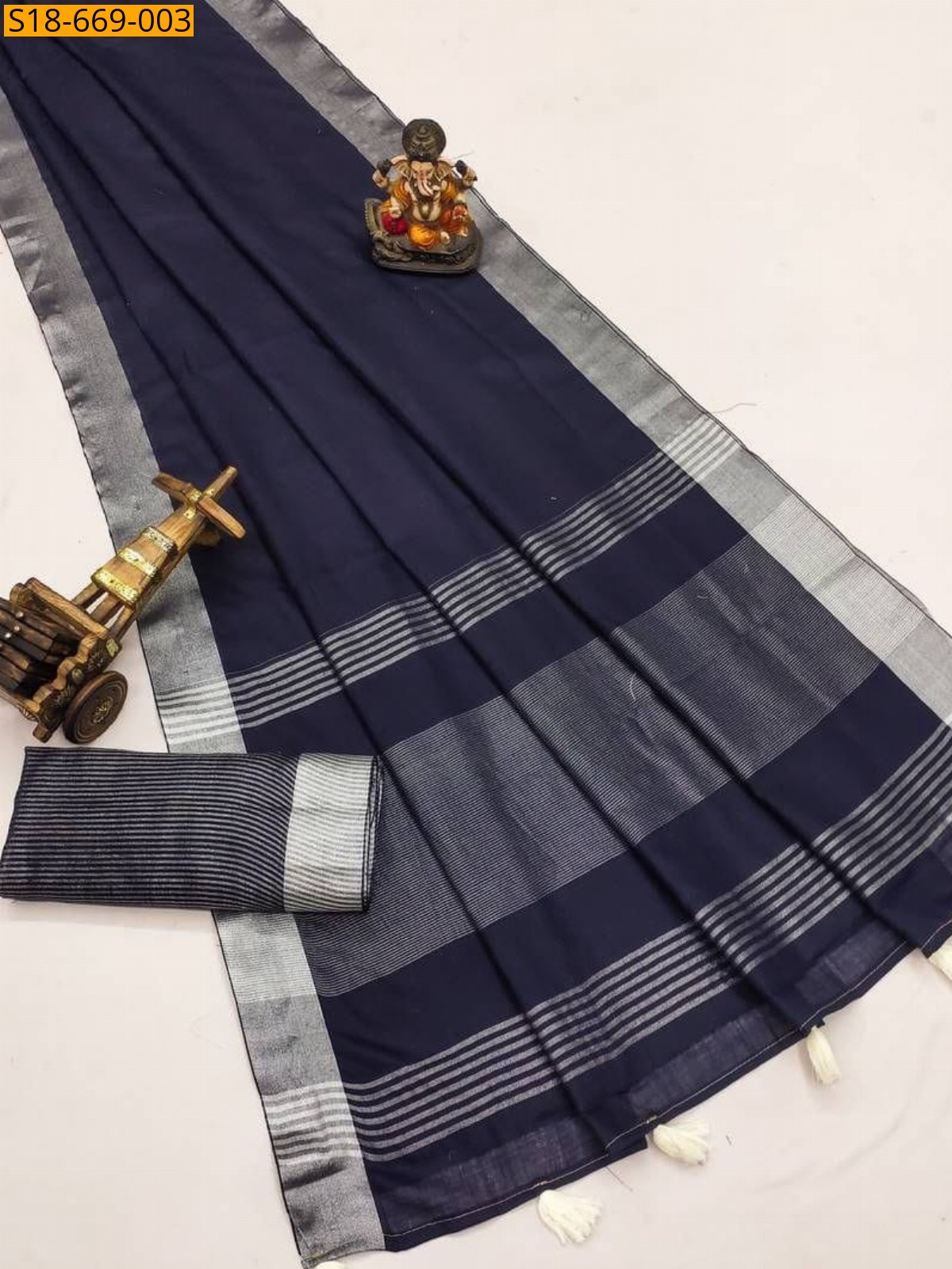 Navy Blue Fancy Linen Saree