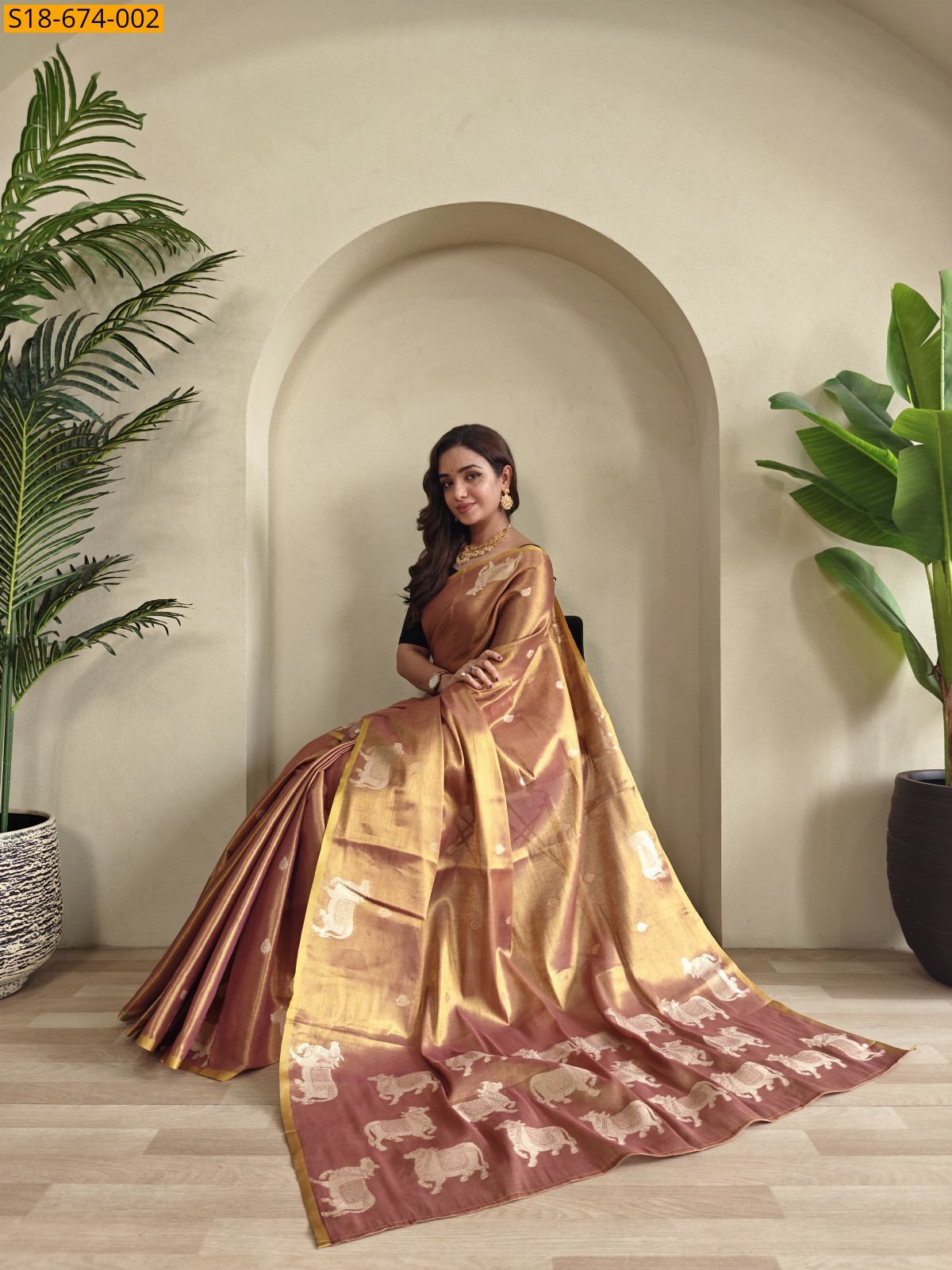 Brown Premium Zari Tissue Saree