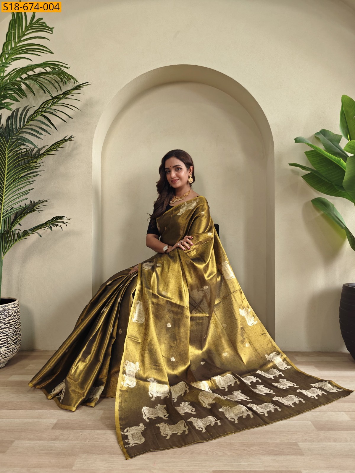 Olive Green Premium Zari Tissue Saree