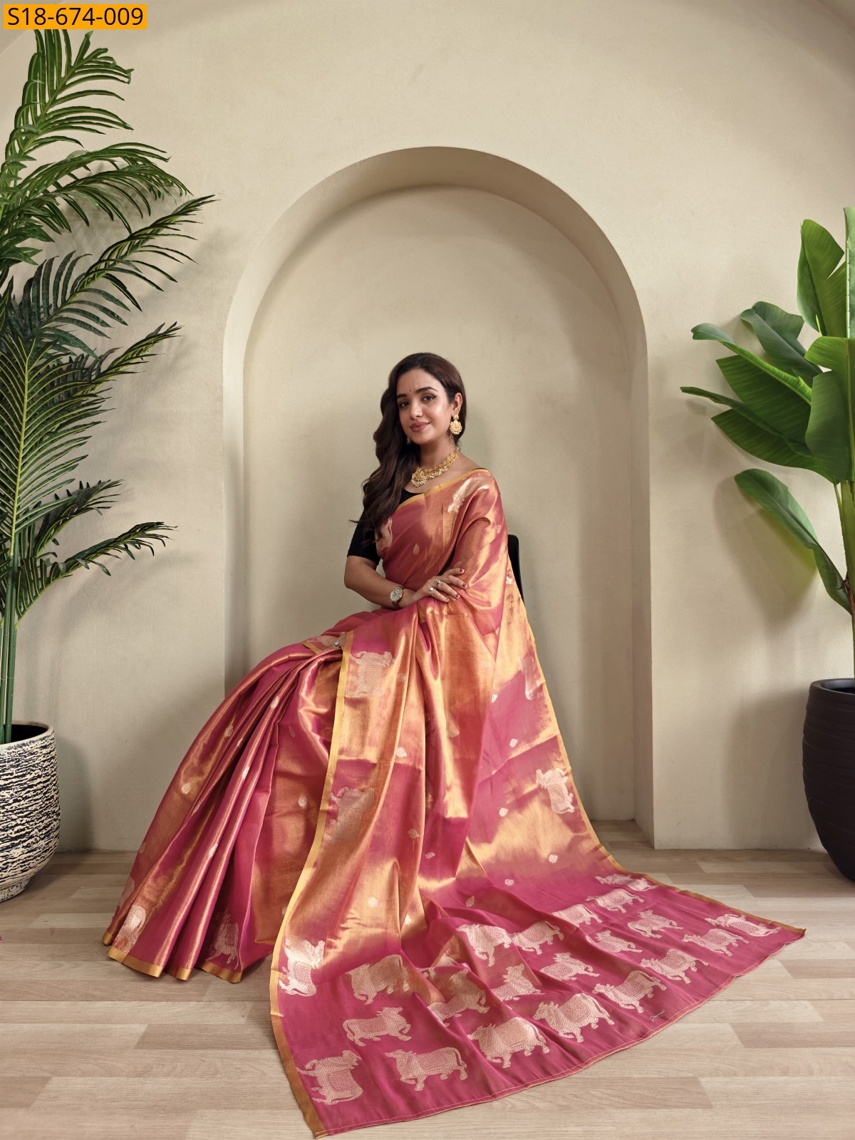 Pink Premium Zari Tissue Saree