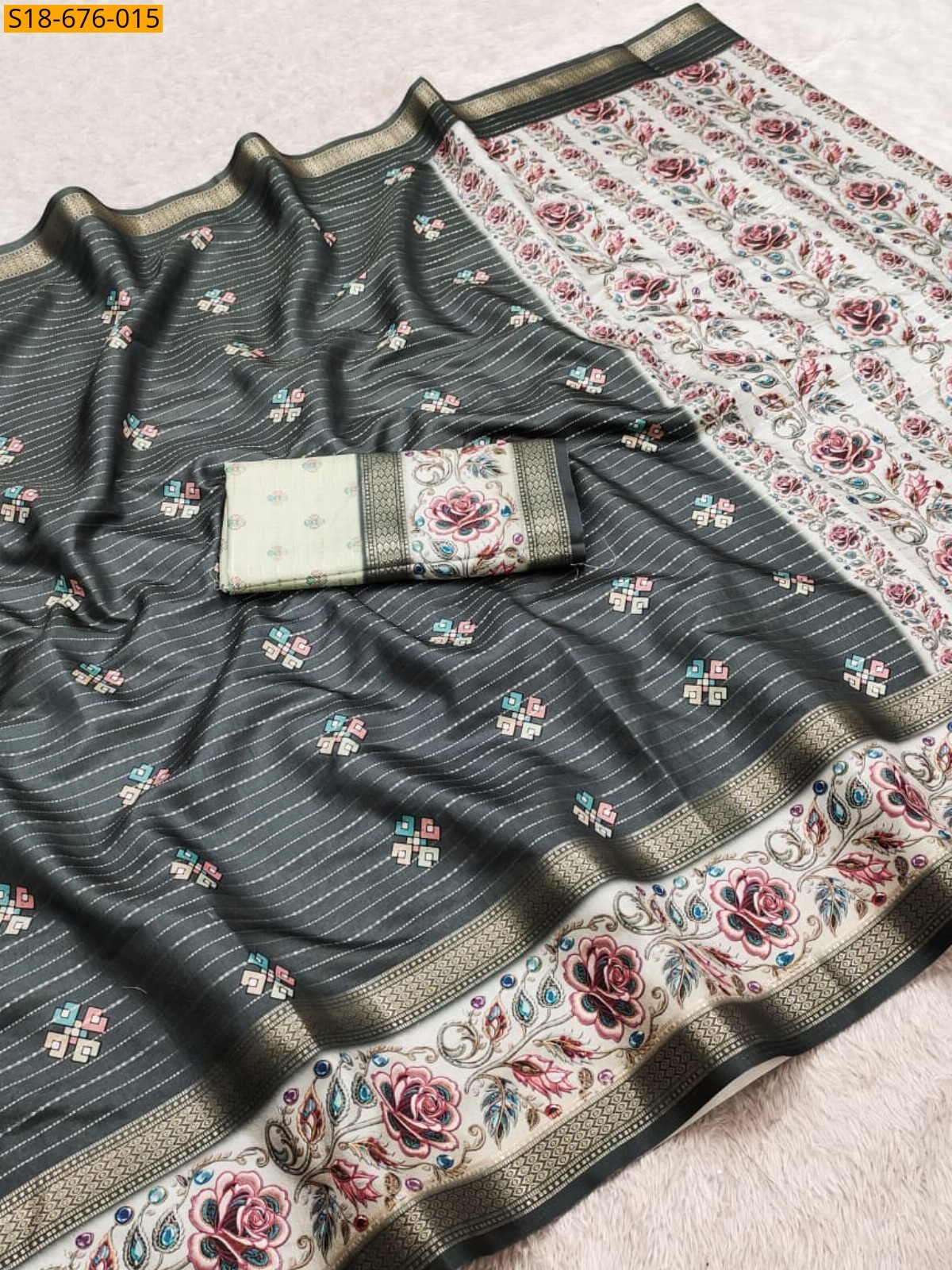 Dark Grey Fancy Cotton Saree