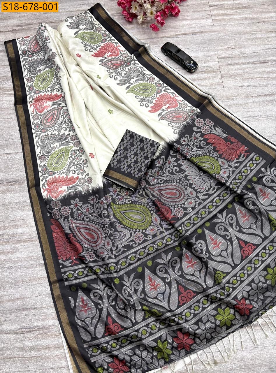 Half White Fancy khadi raw silk sarees