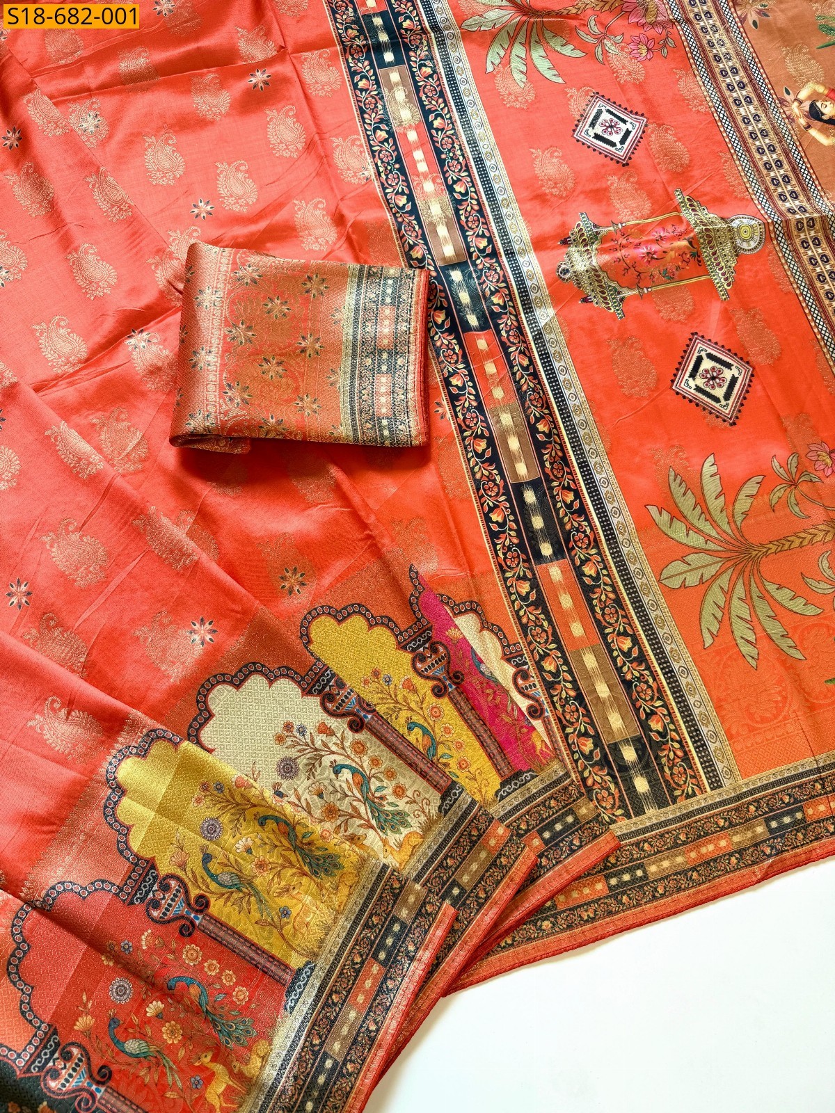 Orange Fancy Pasmina Print Dola Silk sarees