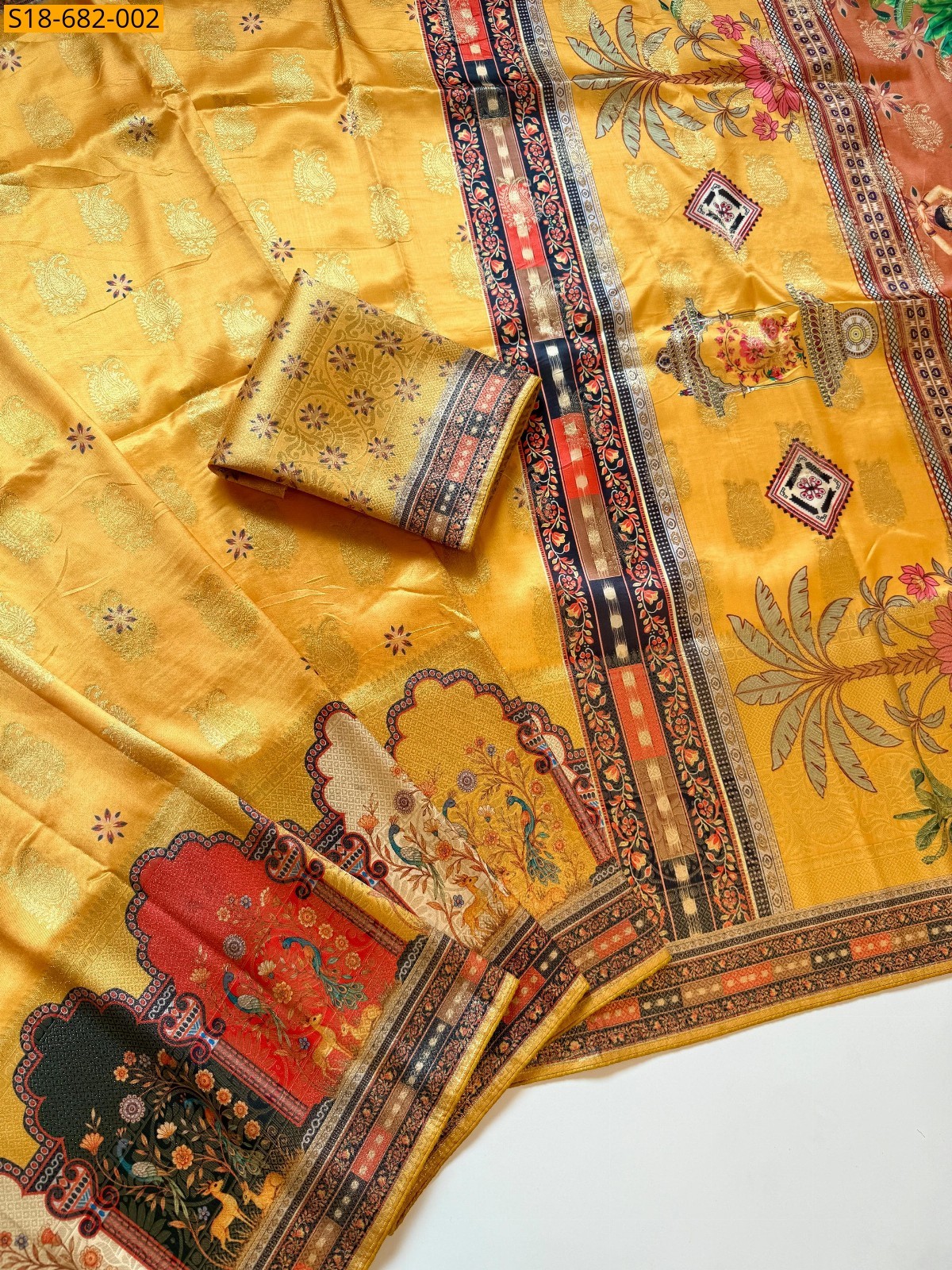 Yellow Fancy Pasmina Print Dola Silk sarees