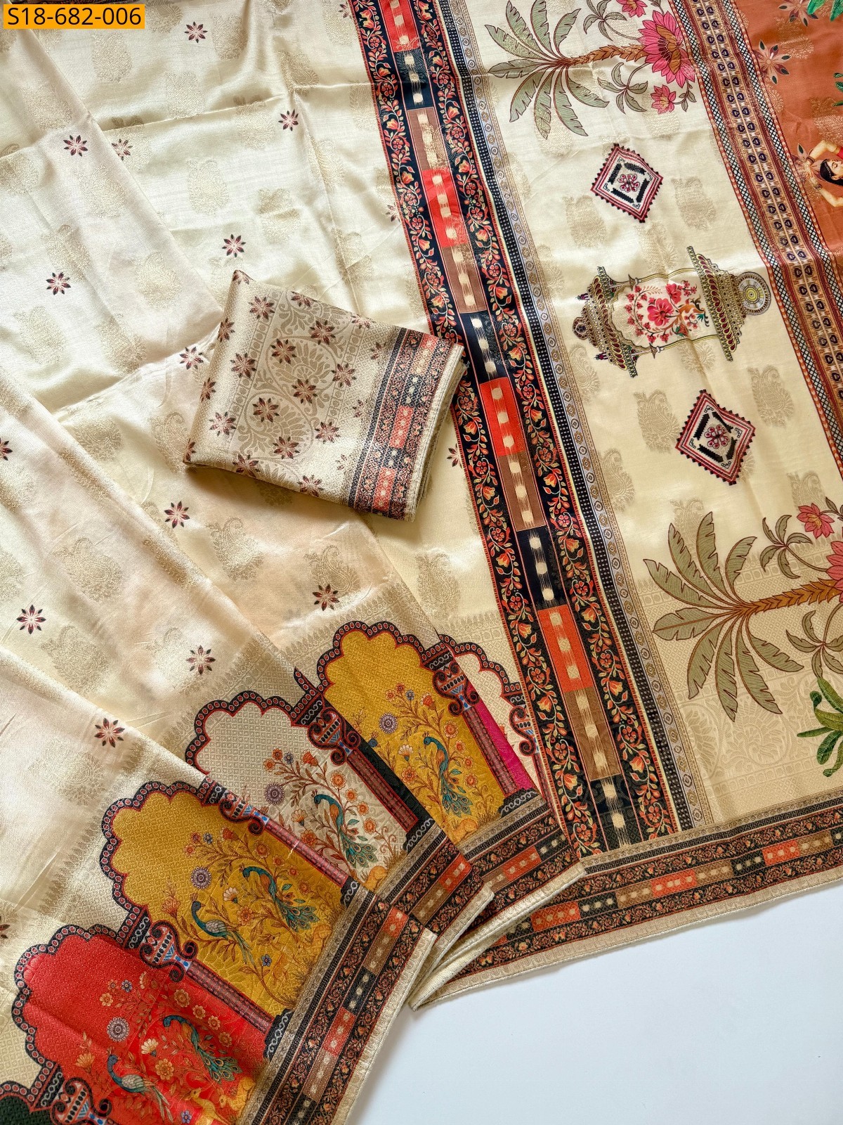 Half White Fancy Pasmina Print Dola Silk sarees