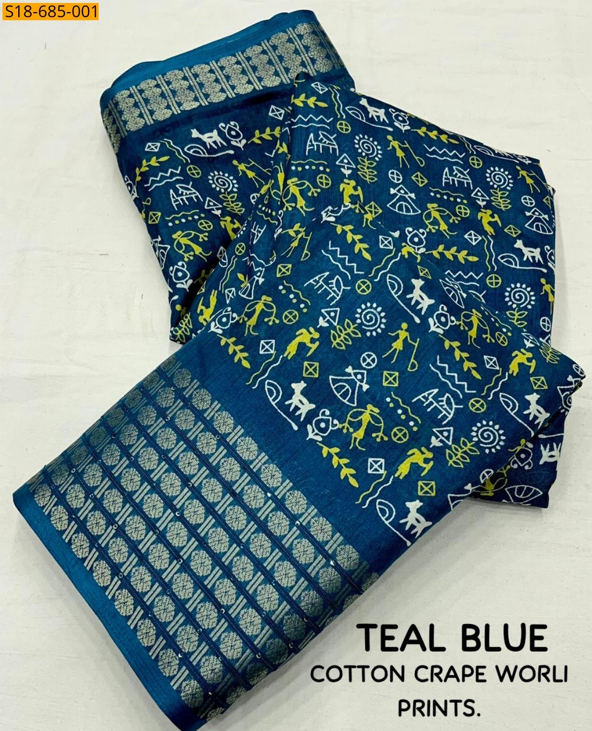 Teal Blue Fancy crape worli sarees