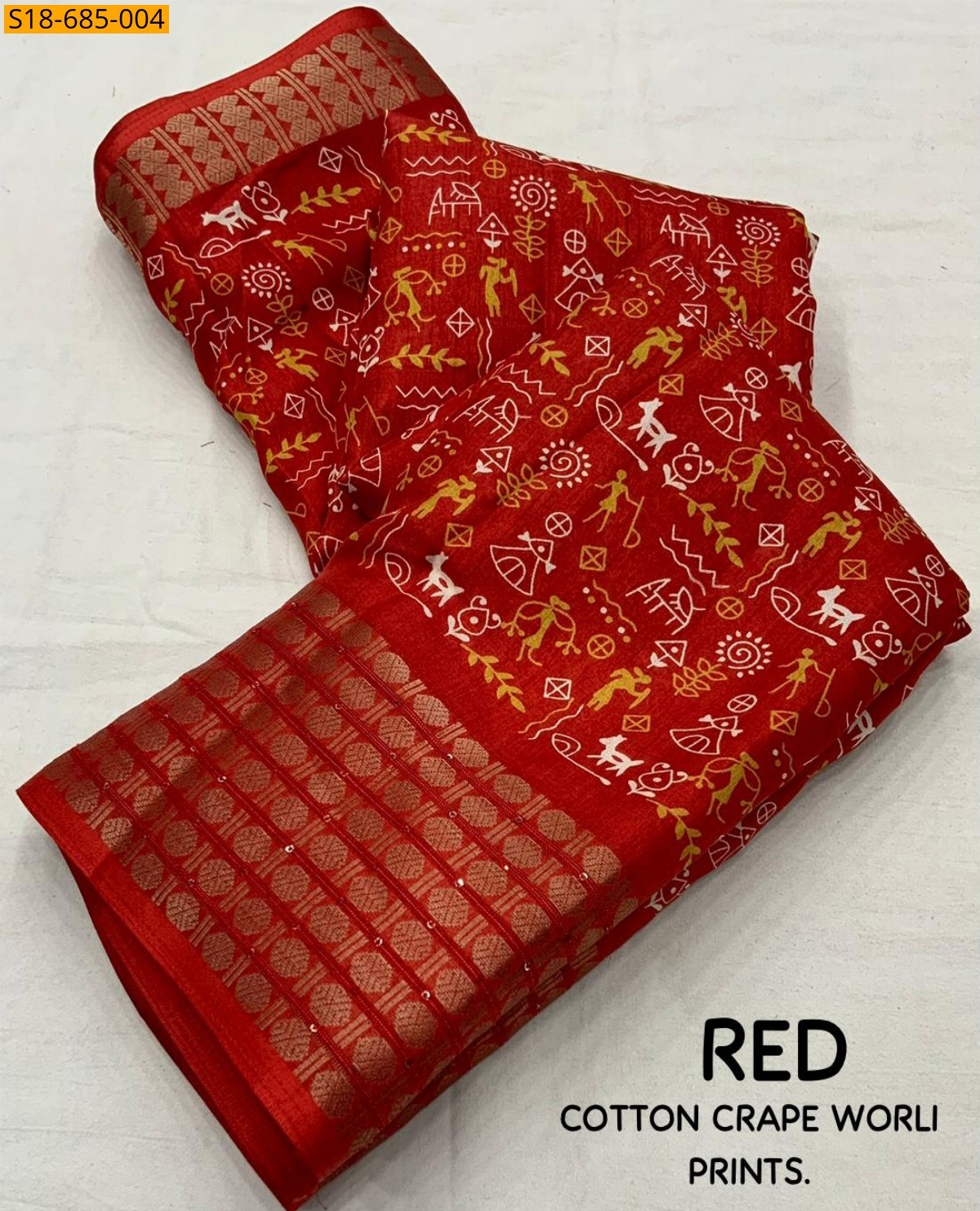 Red Fancy crape worli sarees