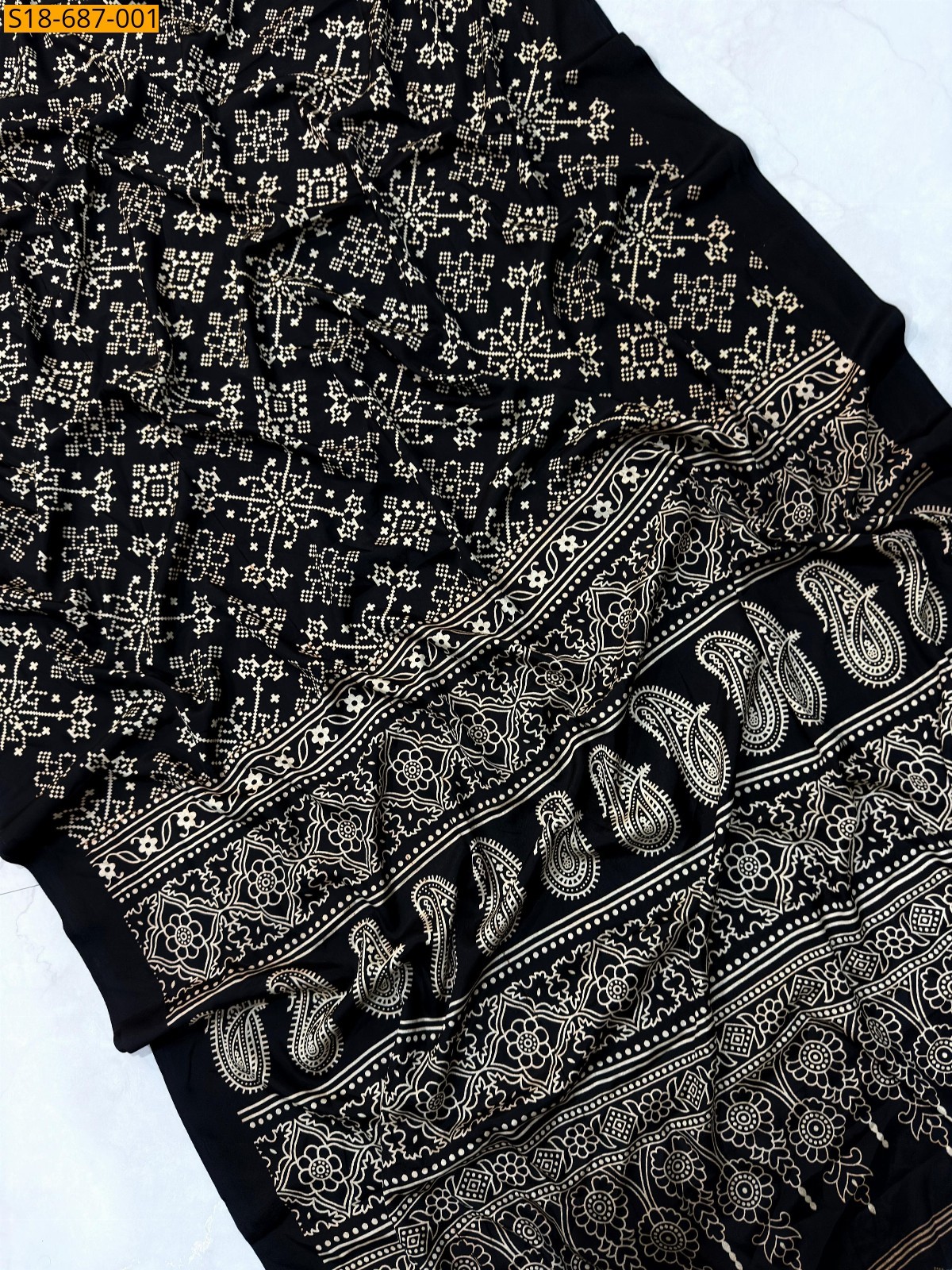 Black Fancy crape Ajrakh Printed Sarees