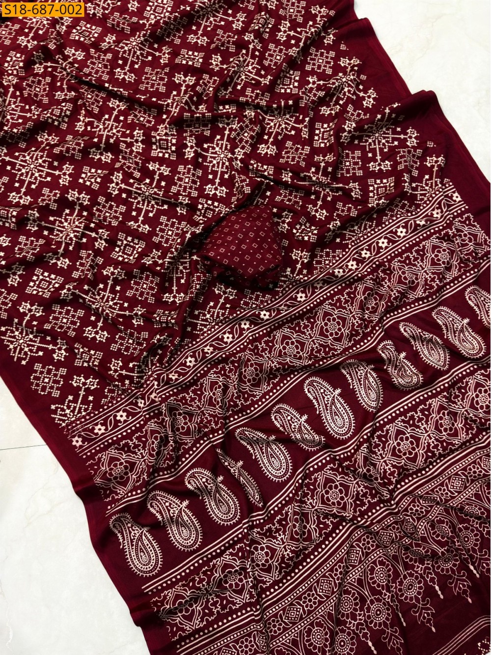 Fancy crape Ajrakh Printed Sarees