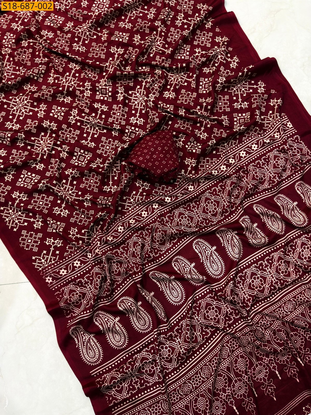Maroon Fancy crape Ajrakh Printed Sarees