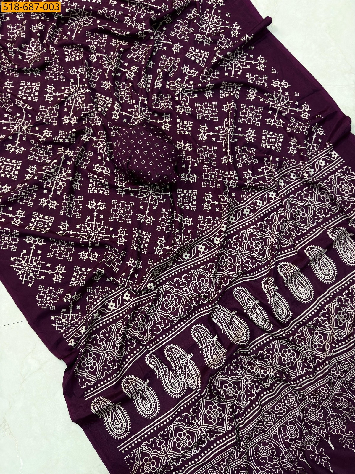 Wine Fancy crape Ajrakh Printed Sarees