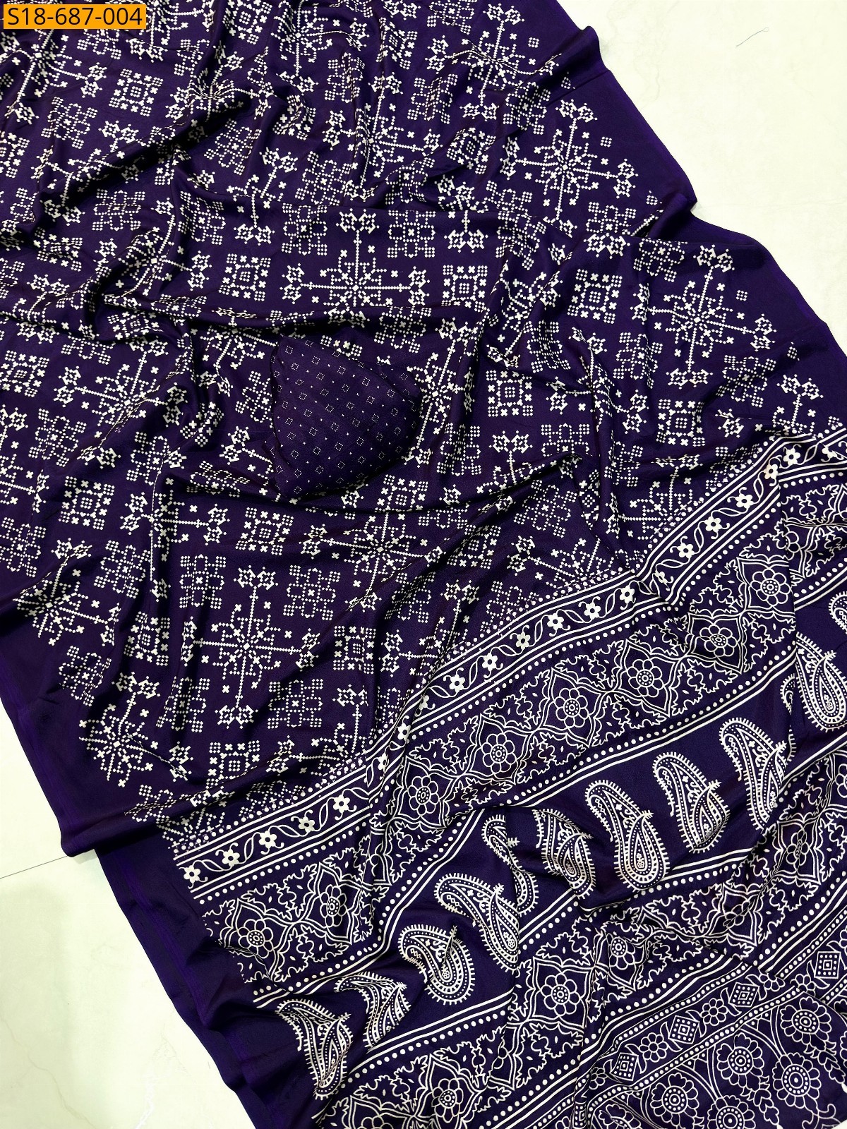 Navy Blue Fancy crape Ajrakh Printed Sarees