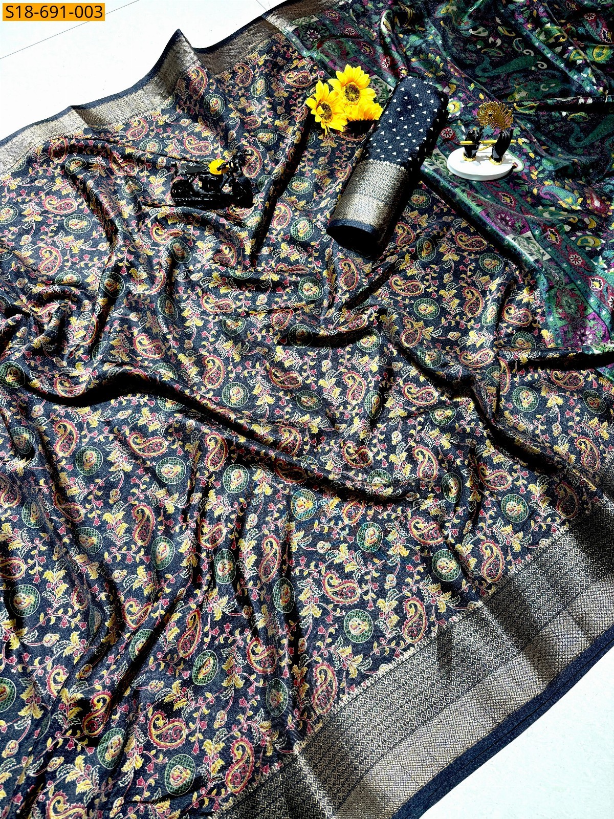 Dark Green Fancy bleck dola silk sarees