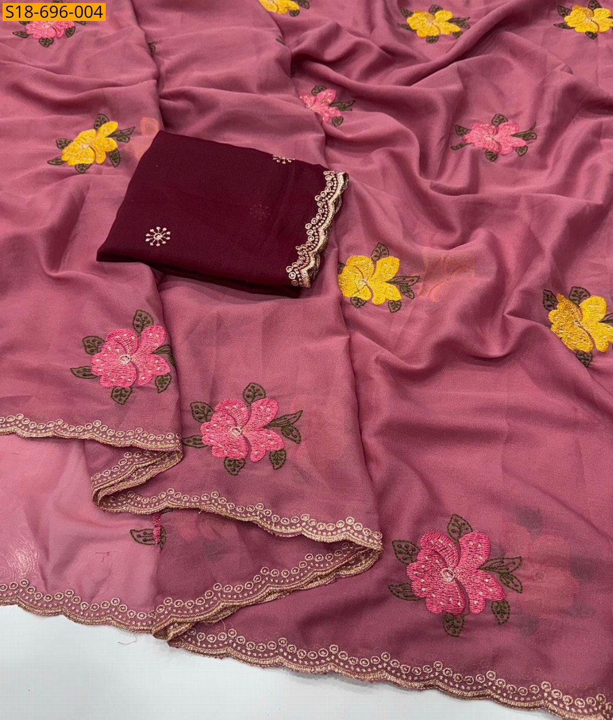 Onion Pink Fancy Georgette embroidery sarees