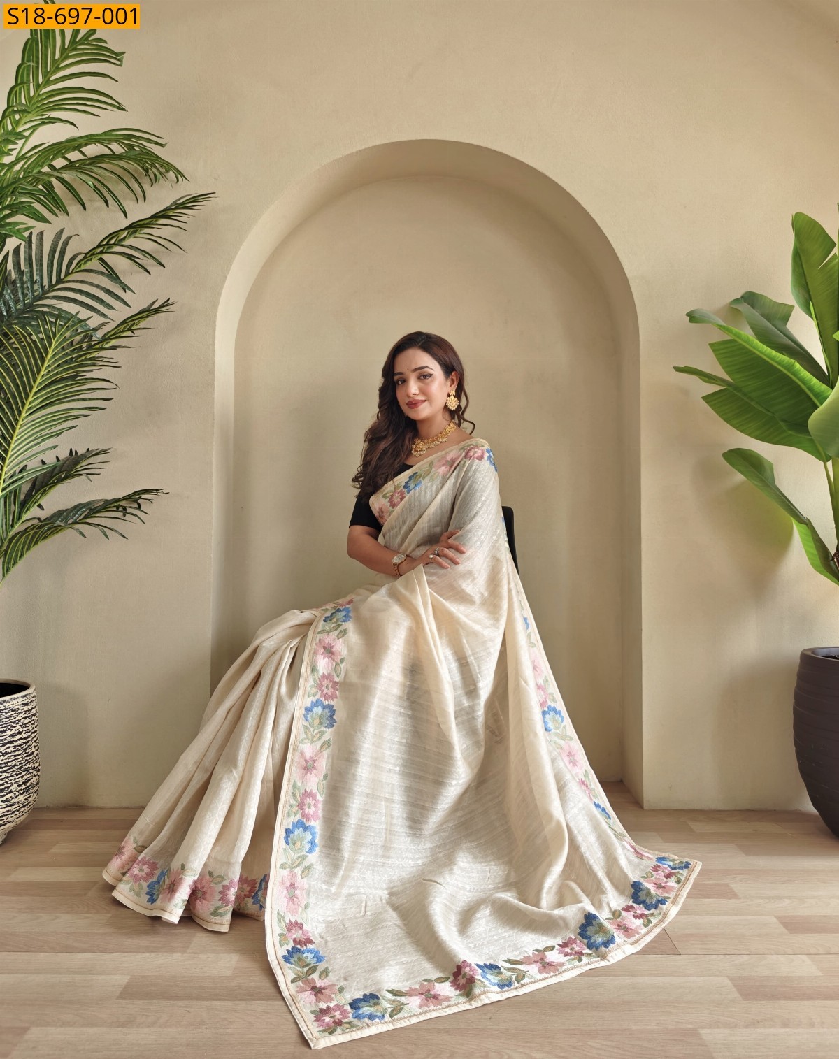 Half White Tussar embroidery Sarees