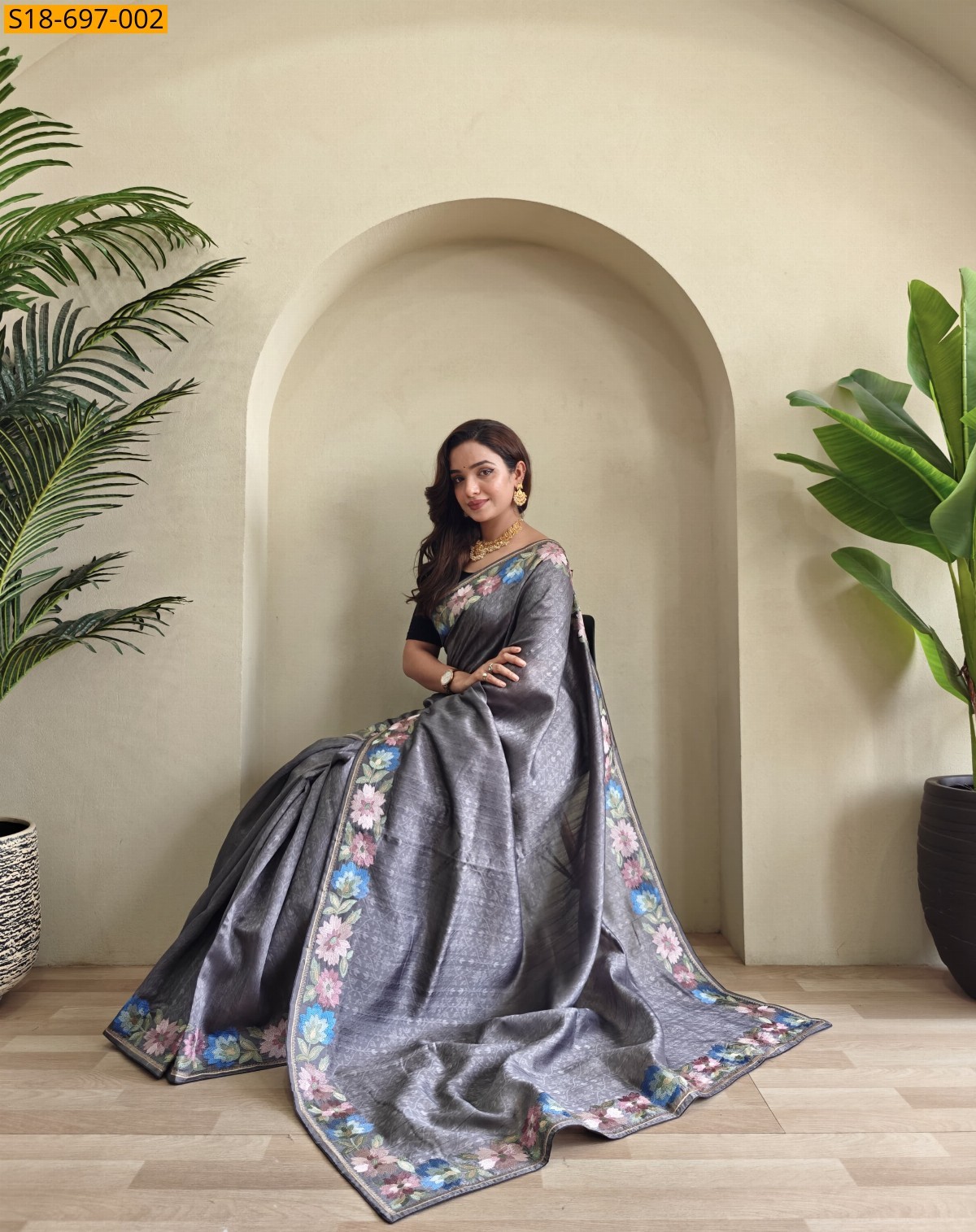 Gray Tussar embroidery Sarees